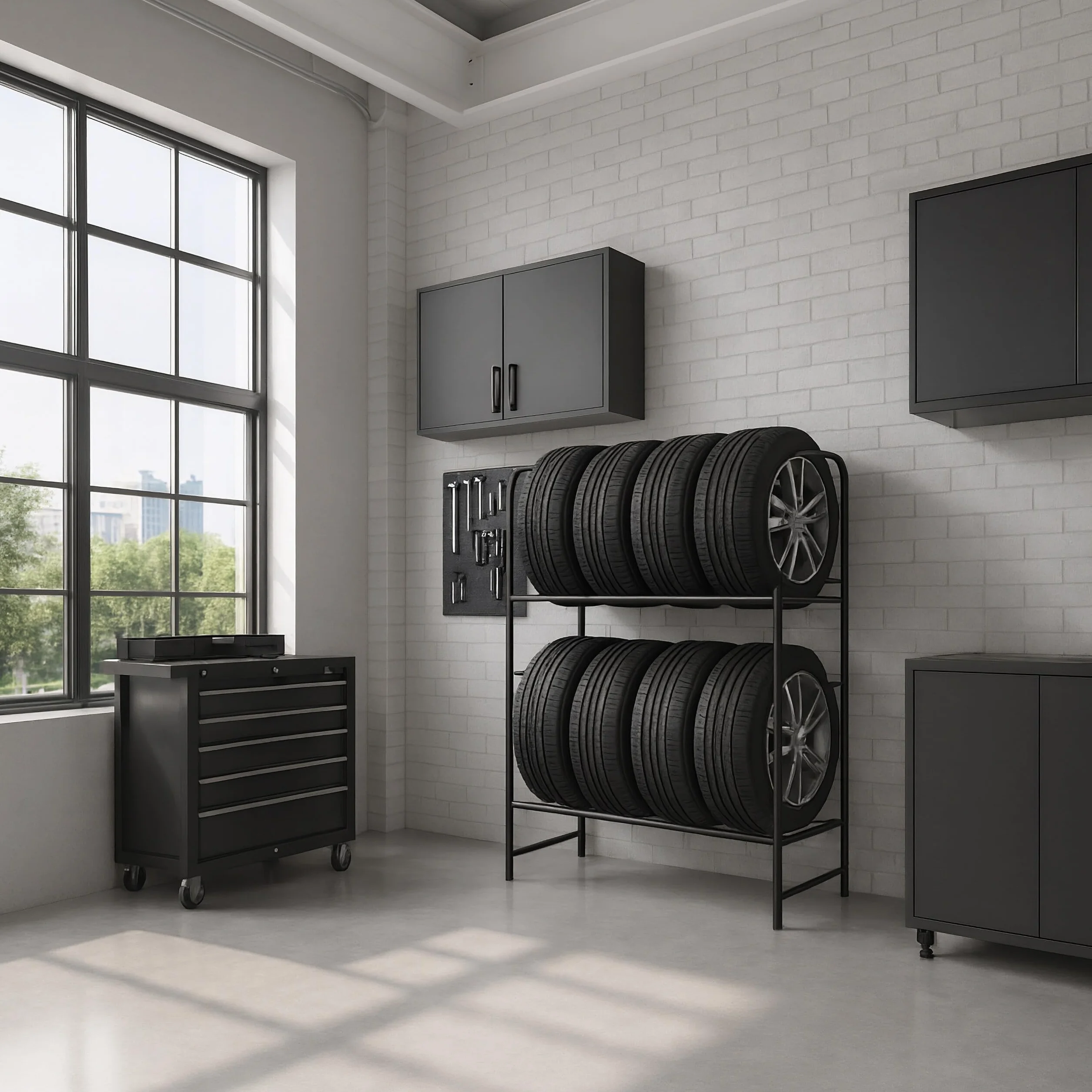 Relaxdays Regał na opony na 8 opon, wys. x szer. x gł.: 117 x 107 x 46 cm, 200 kg, stal, 2 poziomy, regał na koła, łożysko opon, czarny