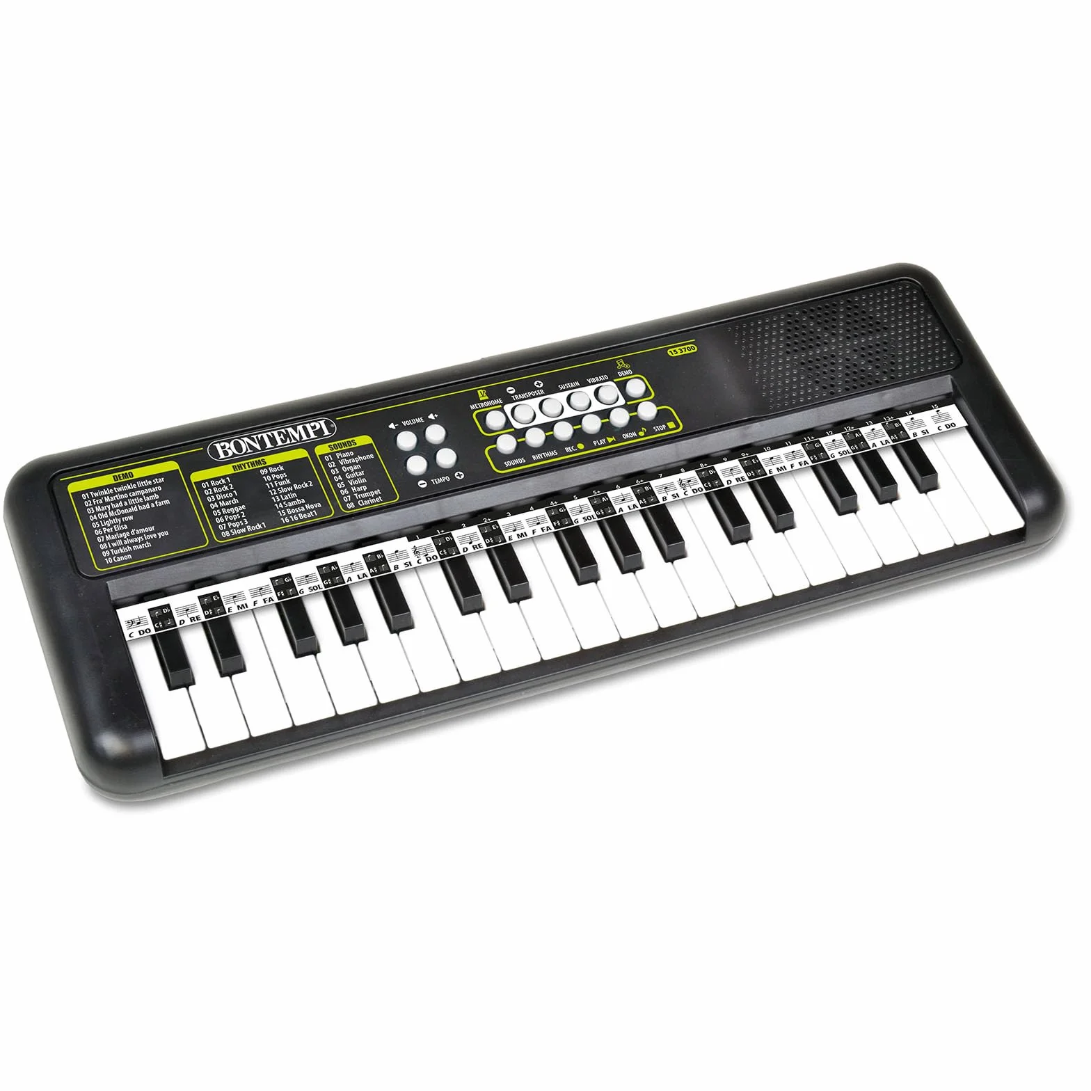 Bontempi | KeyRhythm - Cyfrowa klawiatura 37-klawiszowa, rozstaw 1,5 cm z gniazdem słuchawkowym, pięciolinia, metronom i transpozycja, 42,4x15,2x4,7 cm