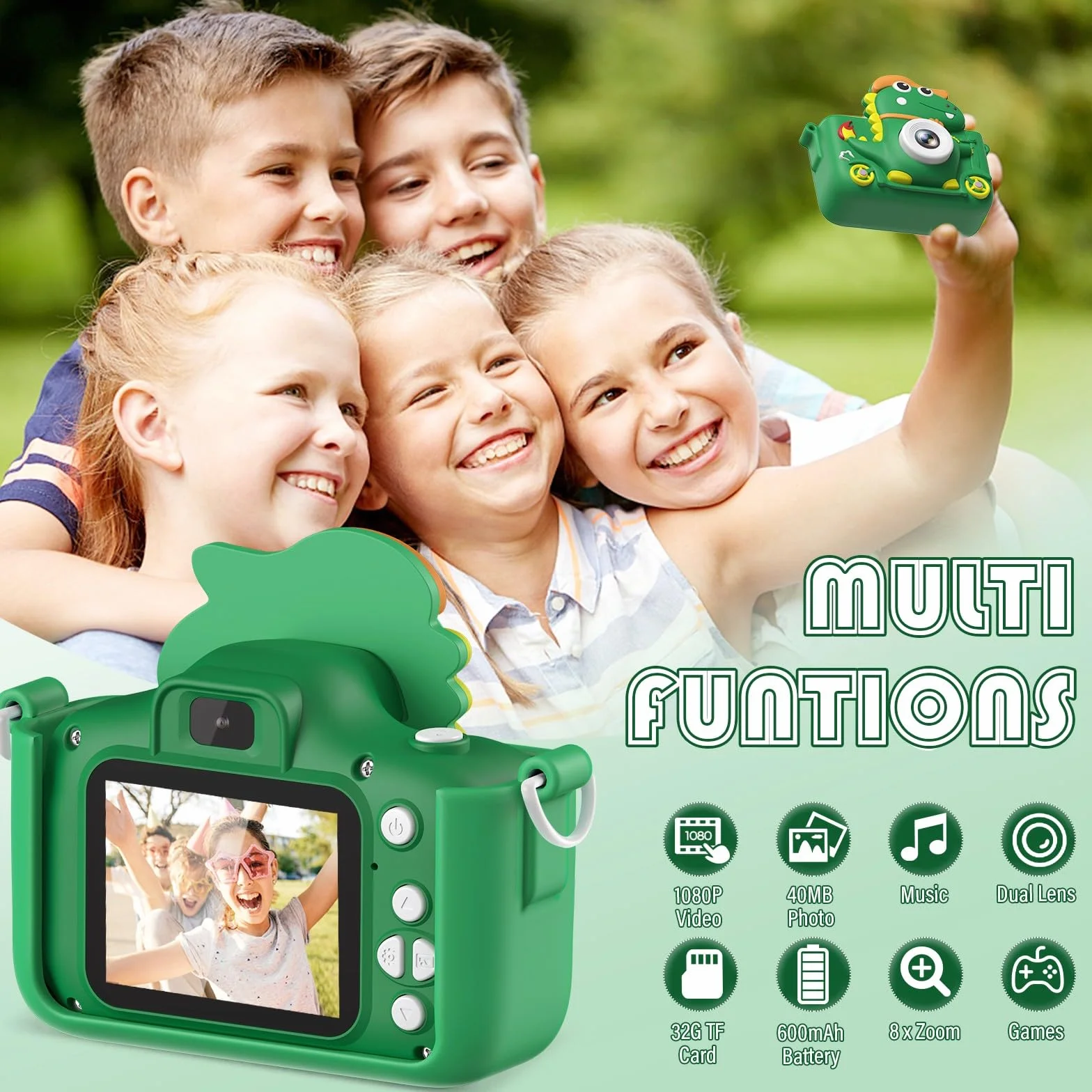 Aparat dziecięcy, aparat dziecięcy 2-calowy wyświetlacz 1080P, aparat cyfrowy do selfie Dzieci z 32 GB, aparat fotograficzny Dzieci dla 3 4 5 6 7 8 9 10 lat Chłopcy i dziewczęta Prezenty (zielony)