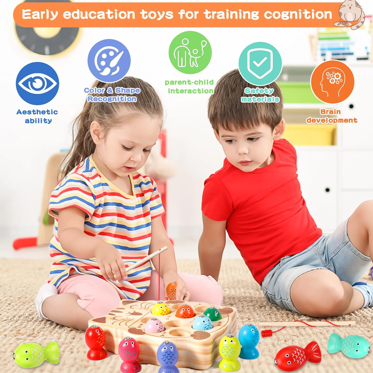 FAMKEEP Zabawki Montessori 3 lata, gra wędkarska dlas dzieci, gry edukacyjne dla dzieci, drewniane zabawki dla niemowląt, prezent dla dzieci 3 4 5 lat
