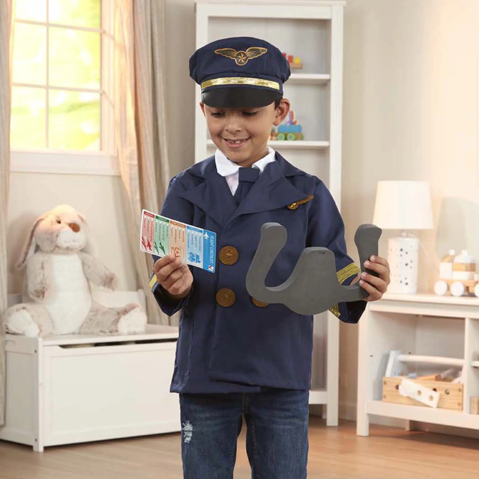 Melissa & Doug Kostium pilota dla chłopców i dziewcząt, kostium imprezowy z akcesoriami, imitacja gry, przebranie na Halloween, karnawał, dla chłopców i dziewcząt w wieku 3-6 lat, niebieski, 61,5 x