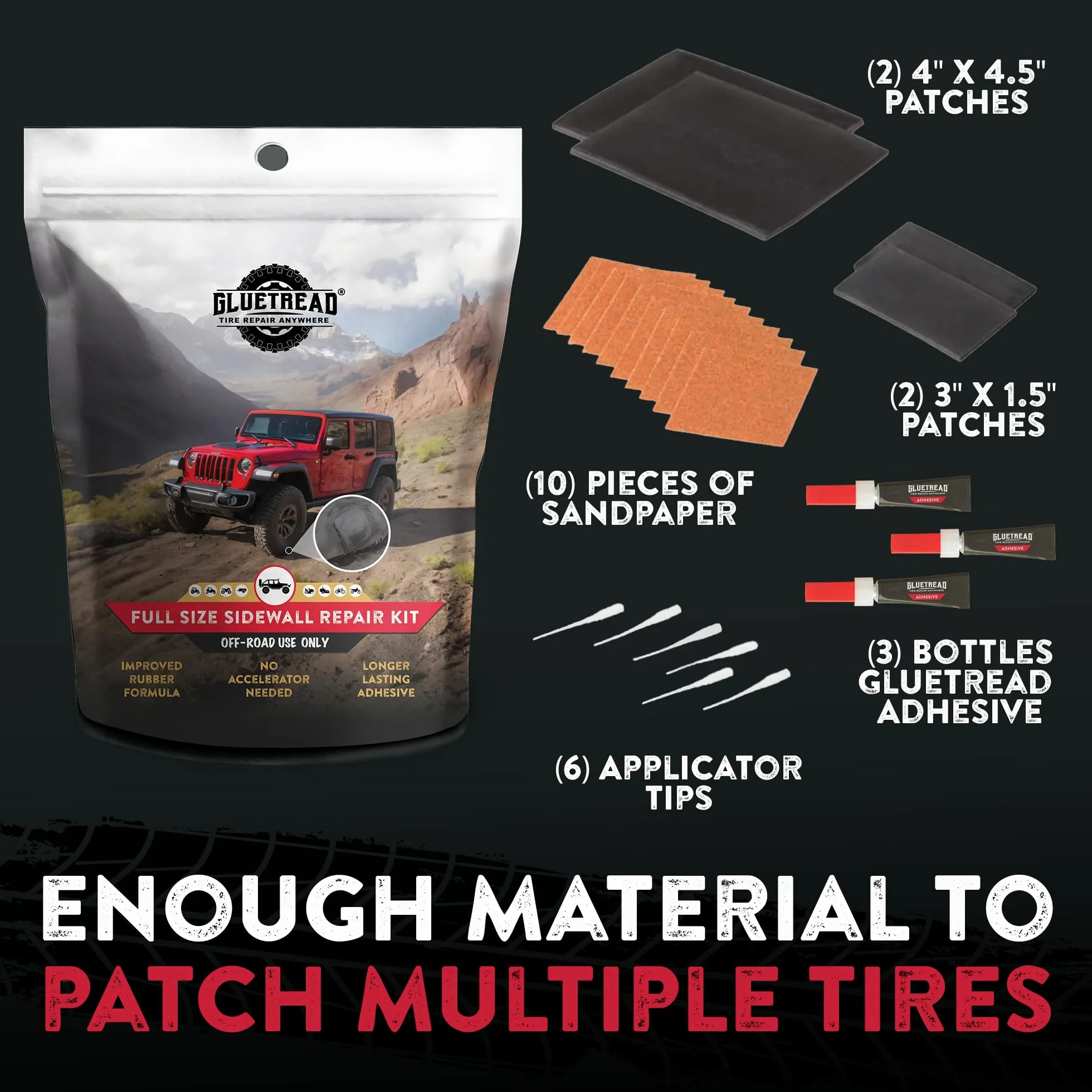 GlueTread 4 x 4 zestaw do naprawy opon bocznych, pełnowymiarowy, zestaw naprawczy do opon bocznych do pojazdów terenowych, ulepszona formuła gumowa, nie wymaga przyspieszenia, czas utwardzania 10