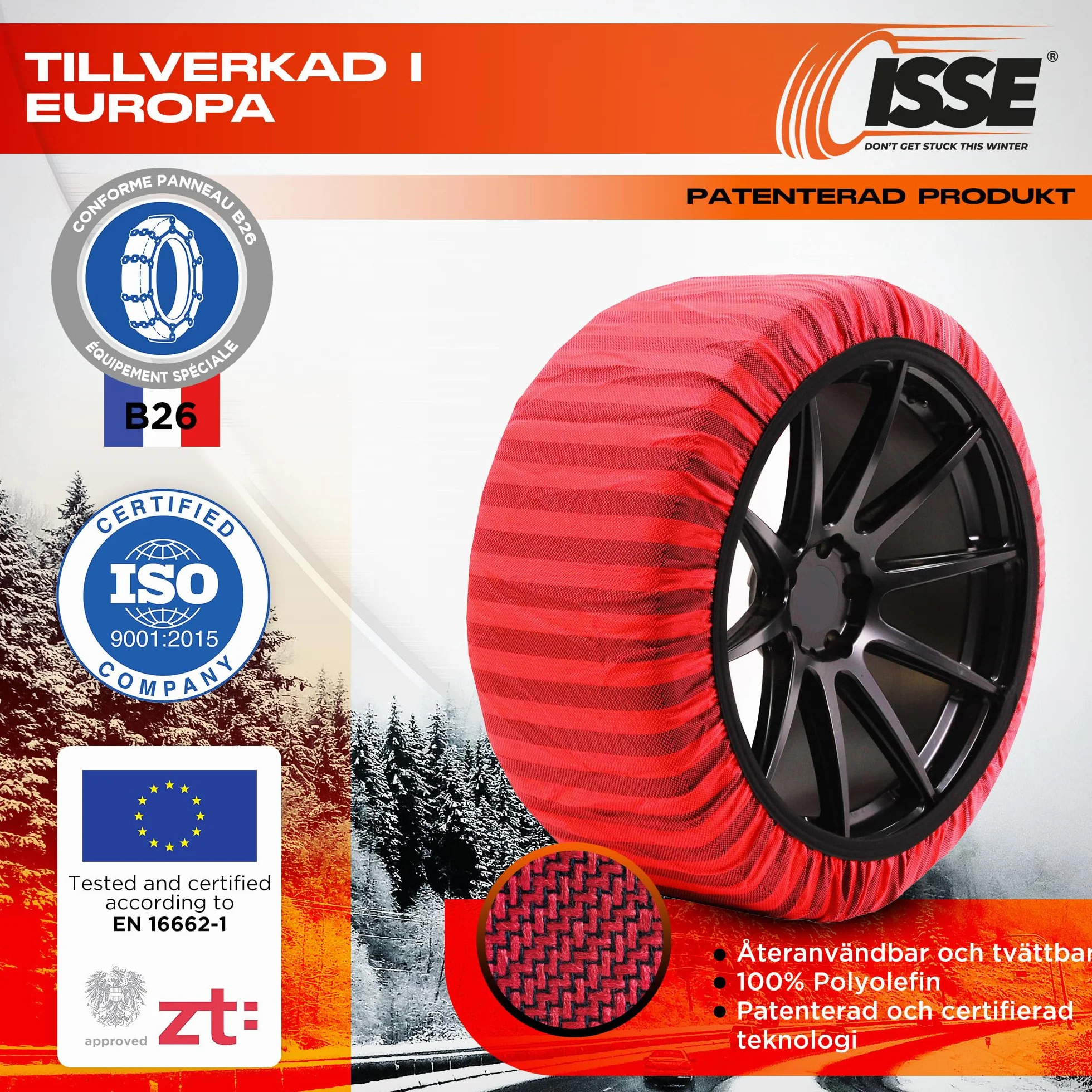 ISSE Łańcuchy śniegowe T-70 - Łatwe w montażu tekstylne łańcuchy śniegowe - Zatwierdzone zgodnie z EN 16662-1 - Na śnieg i lód do samochodów osobowych i kempingowych - 2 łańcuchy + rękawice.
