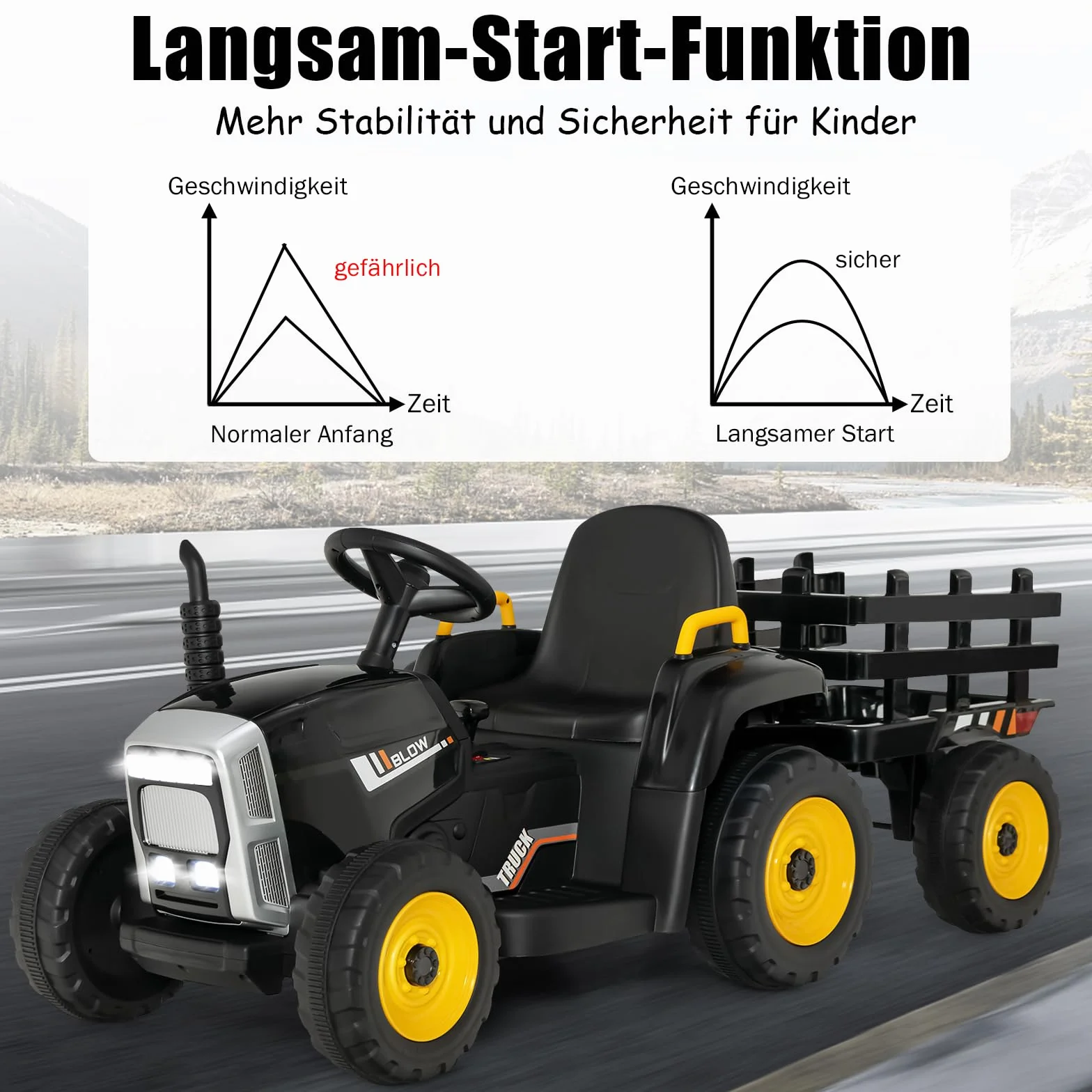 GOPLUS Elektryczny traktor dla dzieci 12 V z przyczepą, 3-biegowy pojazd elektryczny z pilotem zdalnego sterowania, samochód elektryczny z oświetleniem LED, muzyką i Bluetooth, obciążenie 30 kg, od 3