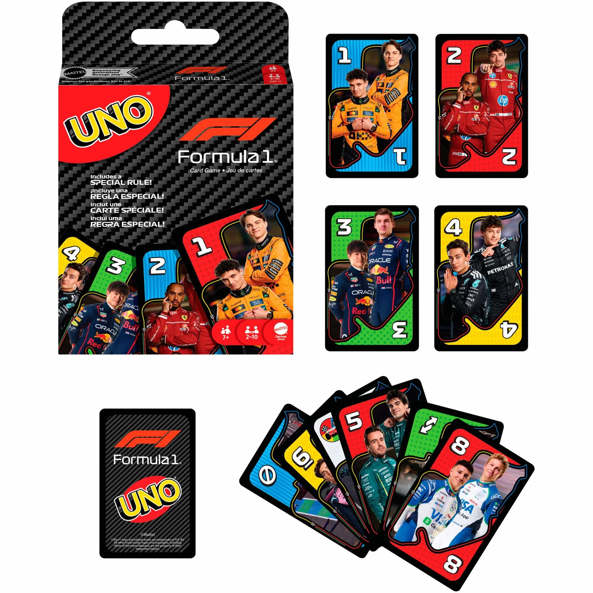 Mattel Games UNO Formuła 1 Gra karciana, karty z grafikami ze świata Formuły 1, imprezowa, rodzinna i towarzyska gra dla dzieci 7+ i fanów, JMF10