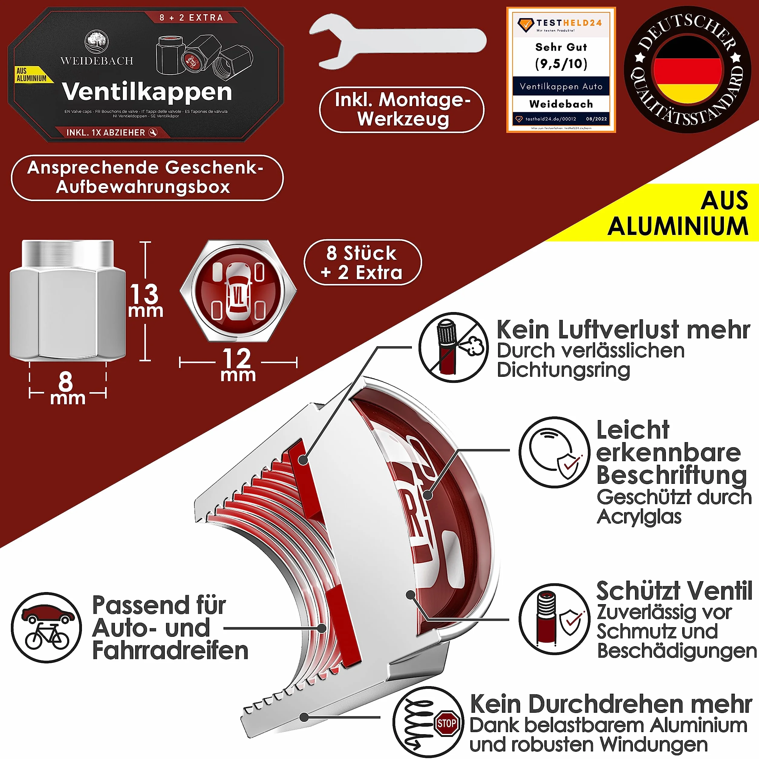 WEIDEBACH® Aluminiowe sześciokątne korki zaworu, 10 pak, korki samochodowe, anty-poślizgowe korki rowerowe, korki rowerowe, korki samochodowe, osłony zaworu, korki opon, VALVECAPS-METAL-10PCS-WB