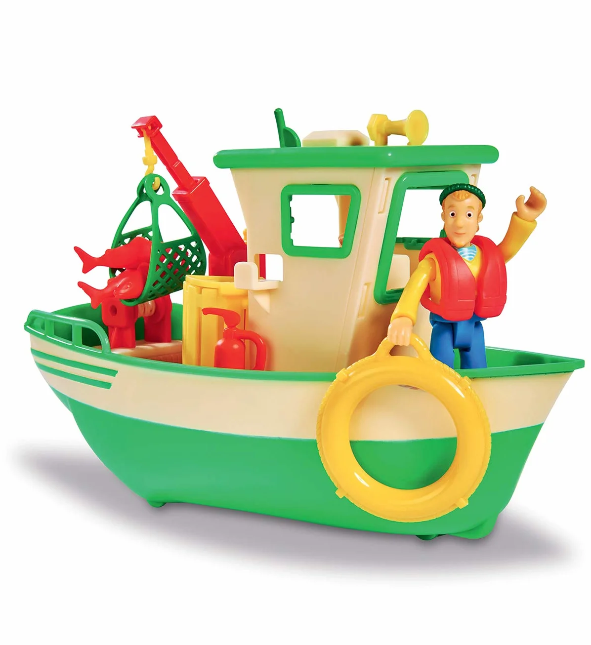 Simba 109251074038 Strażak Sam Pływająca Łódź Rybacka Charliego Z Figurką, Żuraw Ruchomy, Wciągarka Mechaniczna, Zamontowane Koła, Potrafi Jeździć, dla dzieci od 3 lat, wielkość 19 cm