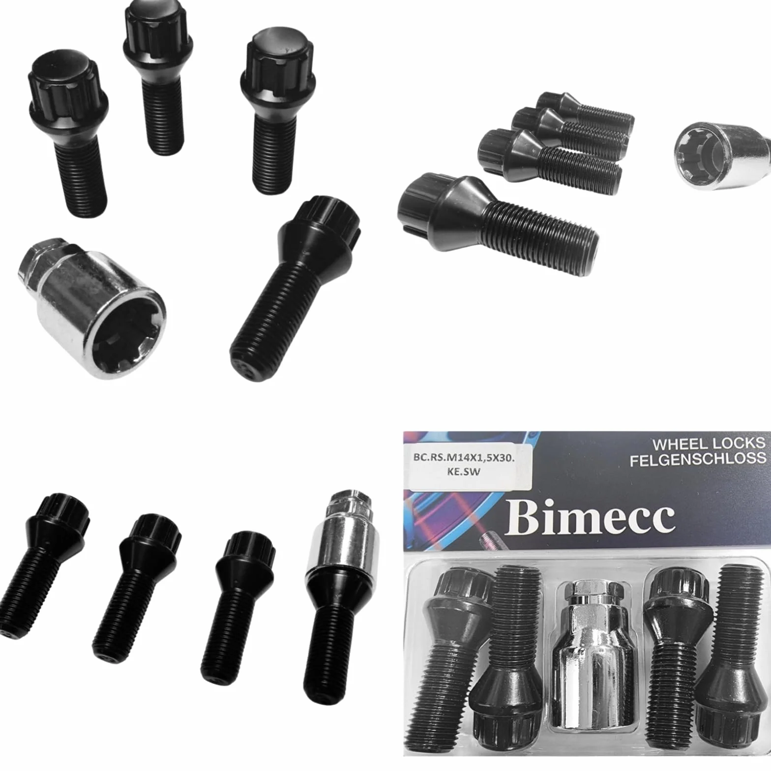 Blokada do felg M14 x 1,5 x 30 mm, taśma stożkowa 60°, kompatybilna z Nissan Opel Renault 4 x czarne zamki do felg, zabezpieczenie felg, zabezpieczenie kół, śruby do kół
