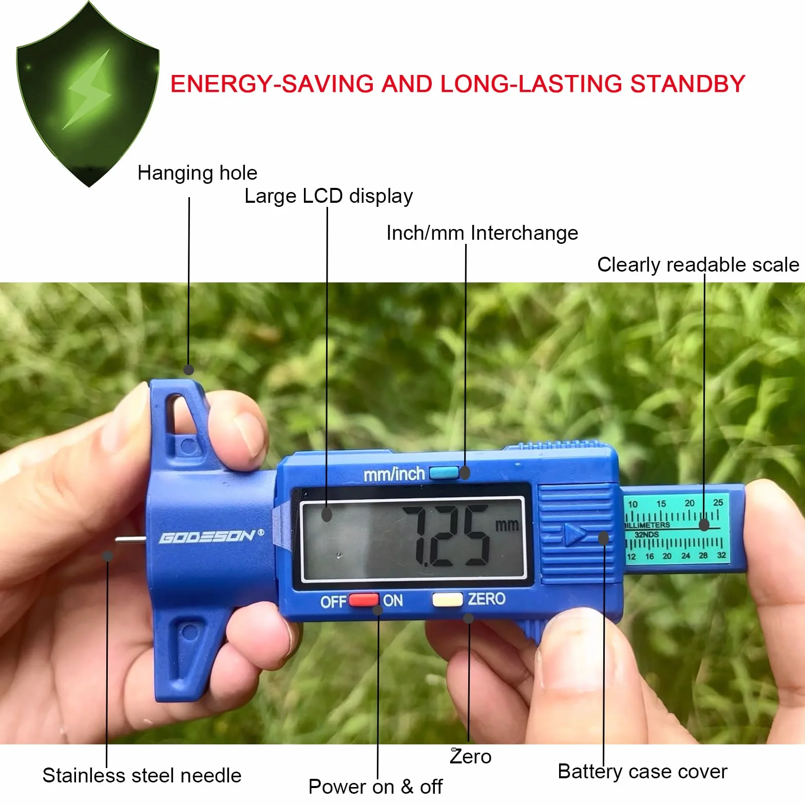 GODESON Niebieski cyfrowy miernik głębokości bieżnika opon, 0-25,4 Mm Cyfrowy z dużym wyświetlaczem LCD i niebieskim miernik bieżnika opon do samochodów osobowych, ciężarowych, motocykli