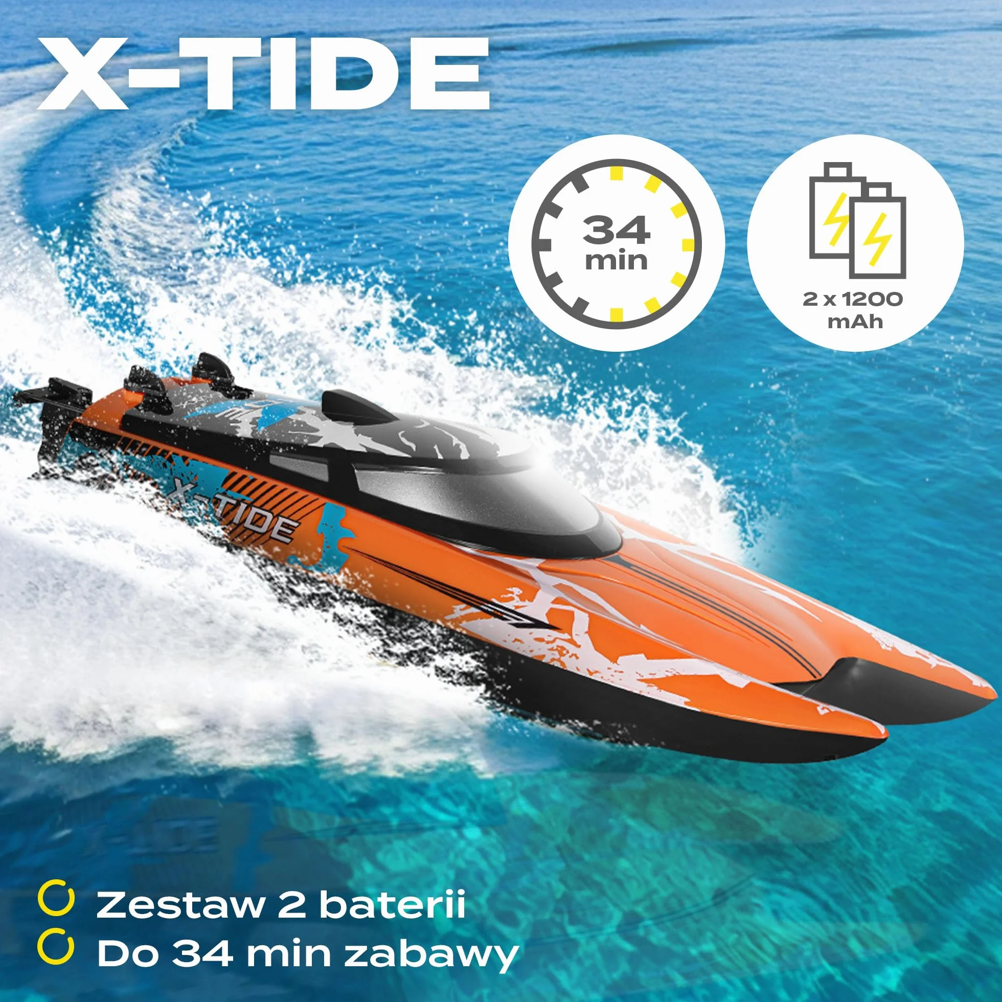 Overmax X-Tide zdalnie sterowana łódź wyścigowa RC-Speedboat z akumulatorem LED 25 km/h 1200 mAh, 34 minuty, regulacja prędkości, zasięg do 100 m, zabawka na basen i morze