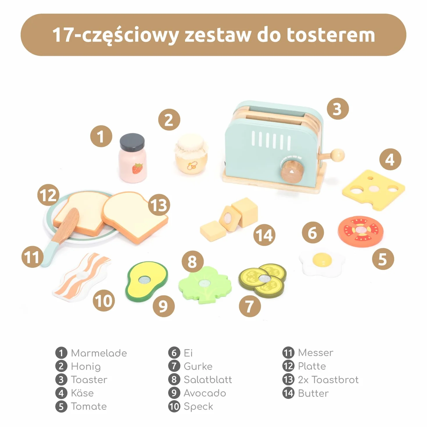 UMU® Drewniany toster i kanapka zabawka kuchenna – w zestawie toster pop-up, krojenie masła, akcesoria kuchenne dla dzieci i wielu innych, drewniana zabawka dla dzieci w wieku od 3, 4, 5, 6 lat
