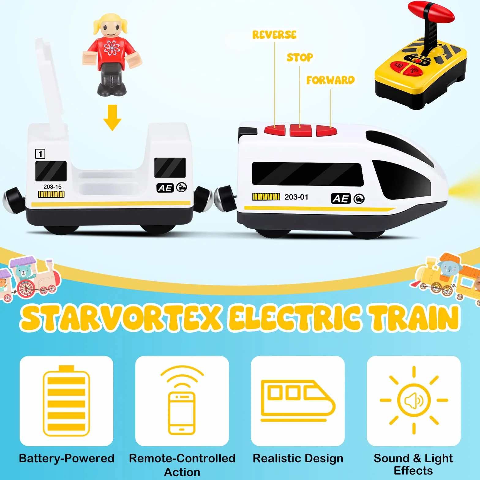 Starvortex Zestaw pociągów elektrycznych, silnikowe pociągi akumulatorowe do akcesoriów Brio, drewniany tor, pilot zdalnego sterowania, kompatybilny z Brio Thomas Railway, zestaw pociągów dla chłopców