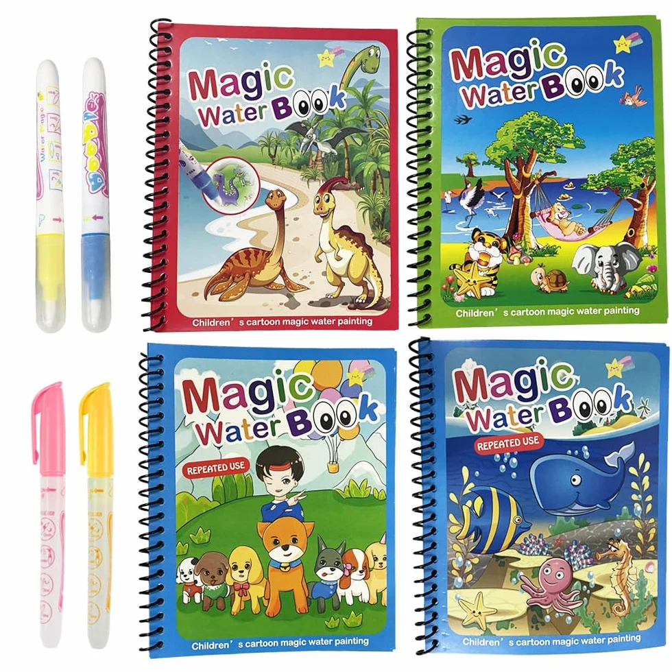 Zestaw 4 kolorowanek wodnych z magicznymi efektami – Wielokrotnego użytku kolorowanki wodne z magicznymi efektami kolorystycznymi – Niekończąca się zabawa kolorami z technologią Water Wow