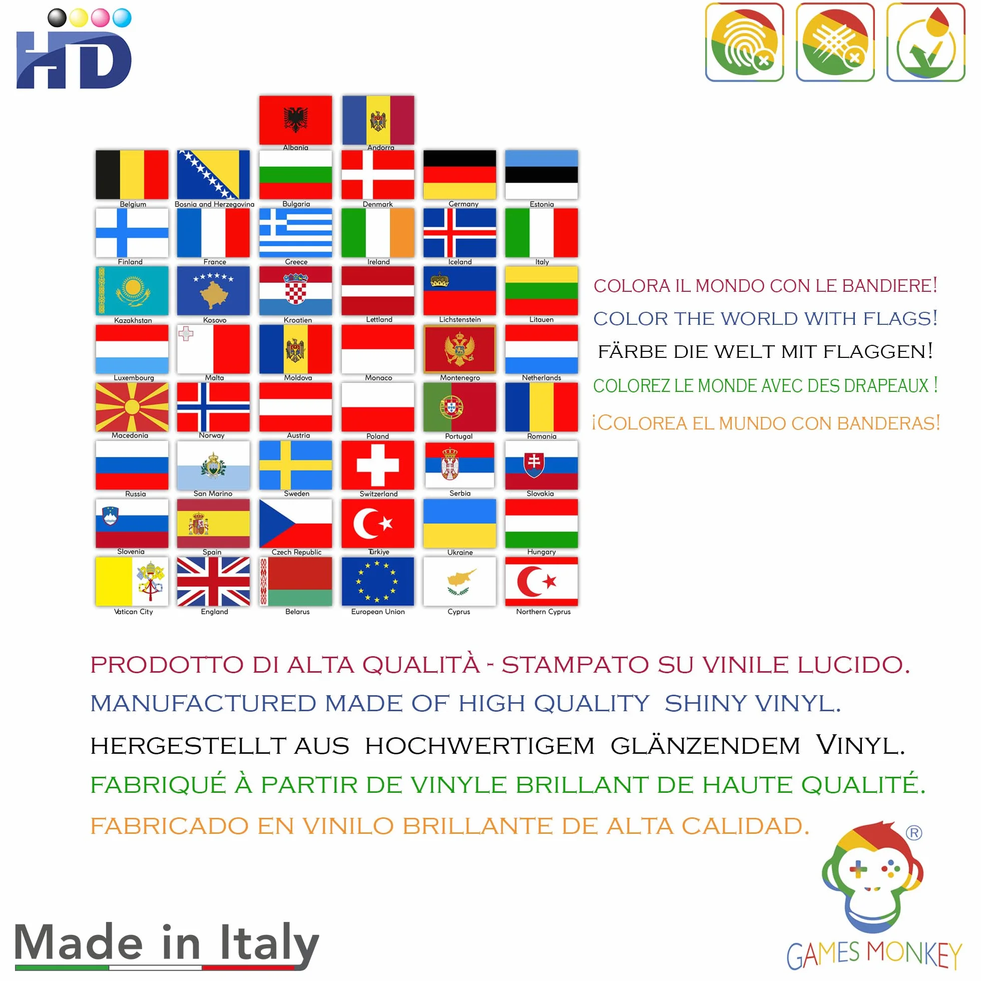 GamesMonkey® - Zestaw 50 flag narodowych – różne rozmiary – naklejki do modelarstwa, roweru, samochodu, motocykla – naklejki na flagi narodowe (Europa, S)