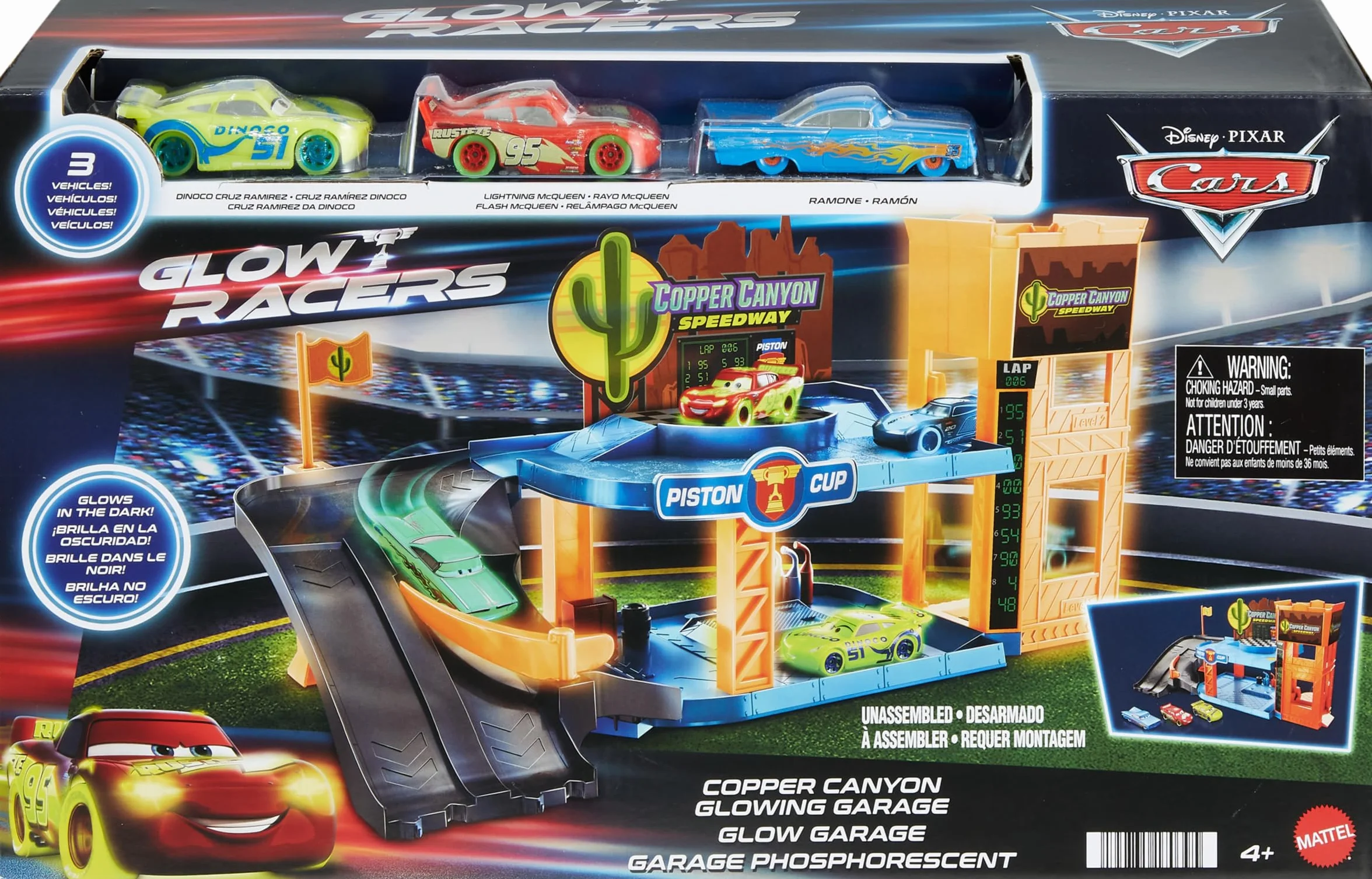 Mattel Disney Pixar Cars Auta Glow Racers Garaż Copper Canyon Świecący w ciemności Zestaw z 3 samochodzikami w skali 1:55, HPX75