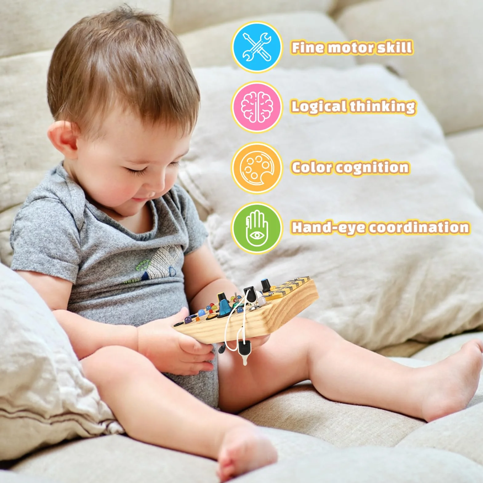 Joyreal Busy Board Baby Montessori zabawka dla dzieci od 1 roku życia, zabawka motoryczna z 19 diodami LED, zabawka sensoryczna, drewniana zabawka edukacyjna, prezent dla chłopców i dziewczynek od 1