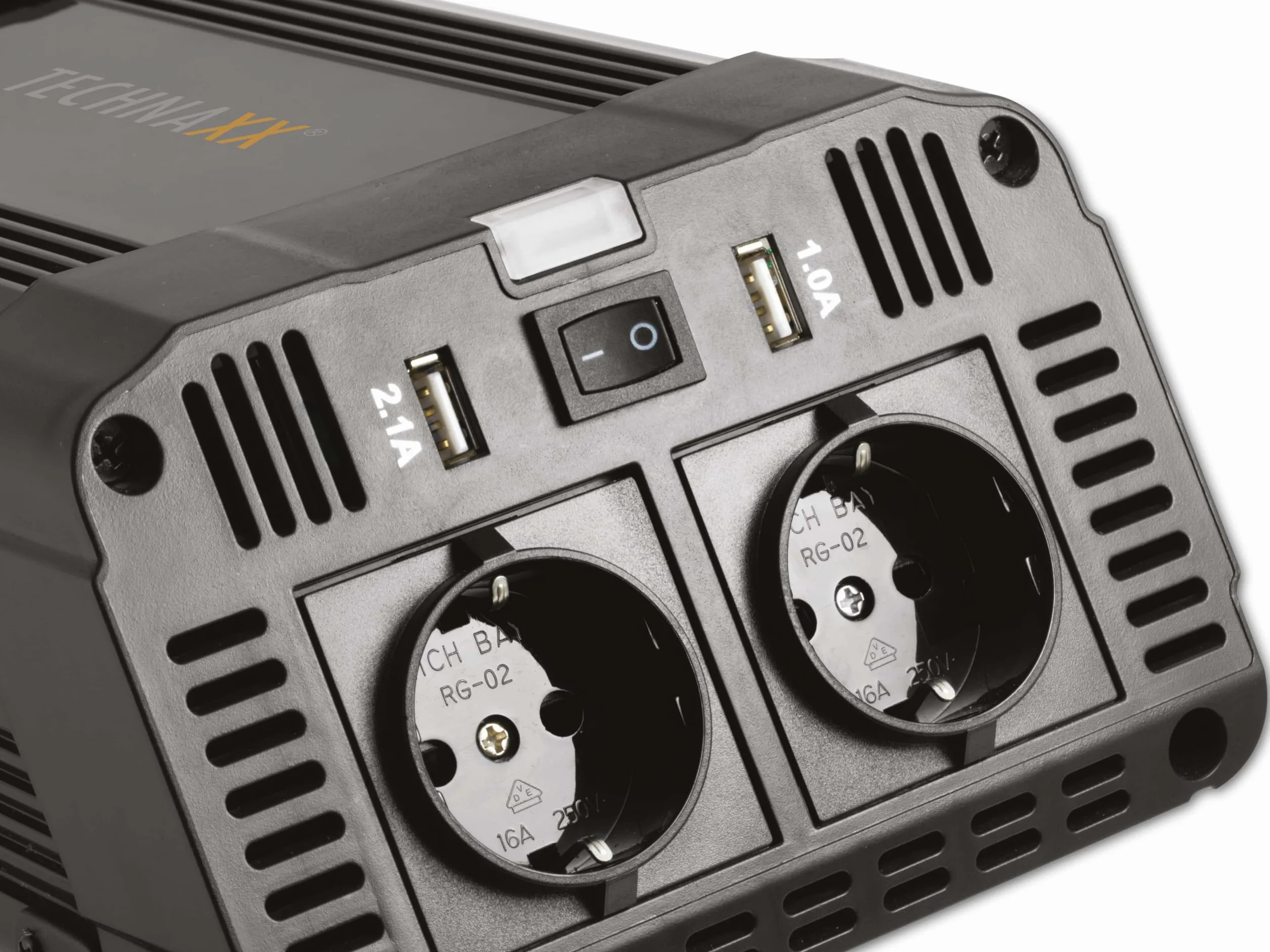 Technaxx Falownik samochodowy 12V 230V 1200W 2400W inwerter z 2 wtyczkami Schuko i 2x USB
