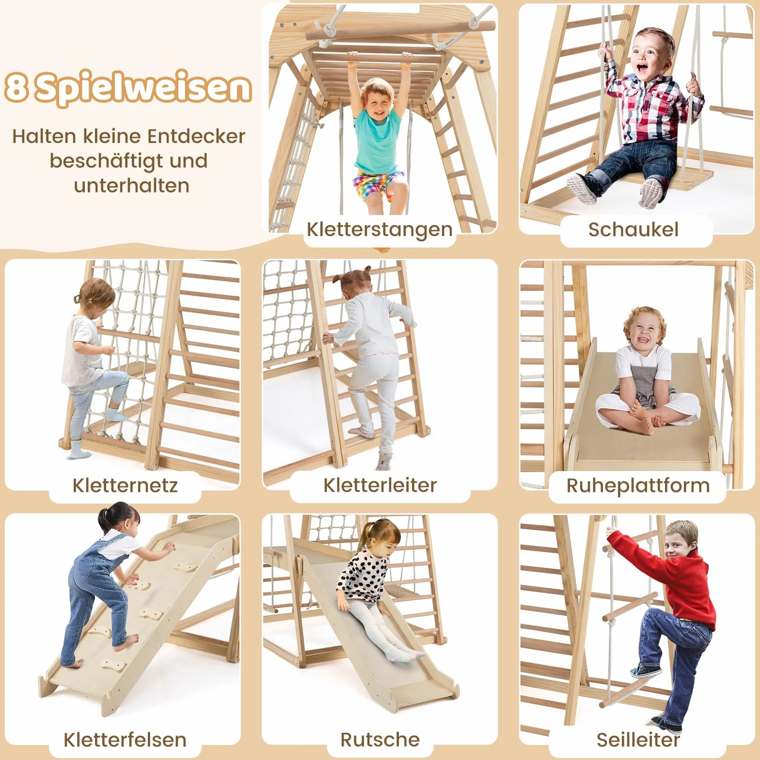 COSTWAY Rusztowanie wspinaczkowe do wnętrz, 8 w 1, drążek małpy, huśtawka, siatka do wspinaczki i drabina do wspinaczki, skała wspinaczkowa, zjeżdżalnia i platforma, drewniany plac zabaw dla dzieci od