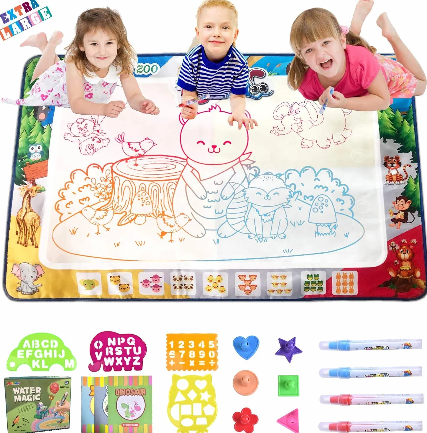 MOONTOY Mata do malowania wodą ze zwierzętami, 120 x 80 cm, malować, zabawka dla dziewcząt, z pisakiem wodnym, prezent 1, 2, 3, 4 lata