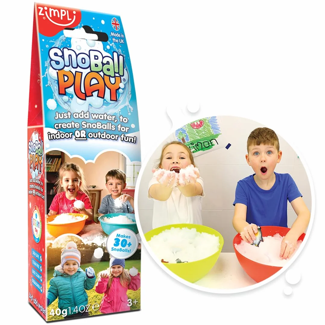 ZIMPLI - SnoBall Play 2 Use, magicznie zamienia wodę w natychmiastowy sztuczny śnieg, zabawka dla dzieci do zabawy w domu i na zewnątrz, idealny prezent na święta dla chłopców i dziewczynek