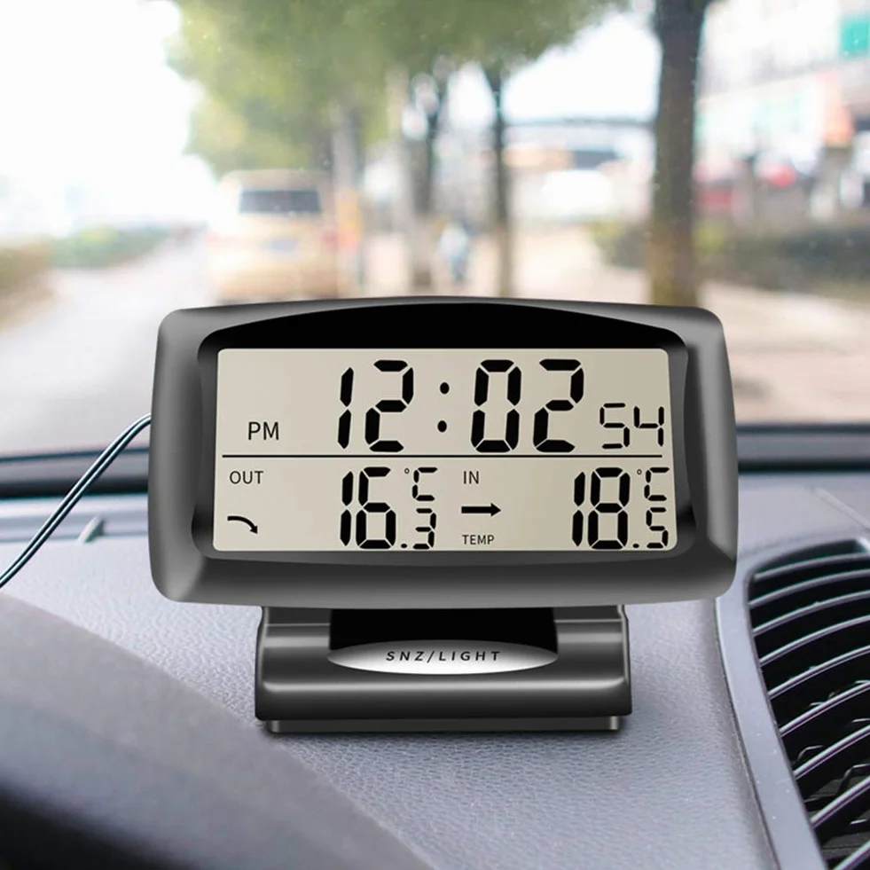 Asudaro Cyfrowy zegarek samochodowy Cyfrowy budzik Zegar termometr LCD Wielofunkcyjny cyfrowy zegarek samochodowy Zegar na desce rozdzielczej Cyfrowy termometr do wewnątrz/na zewnątrz