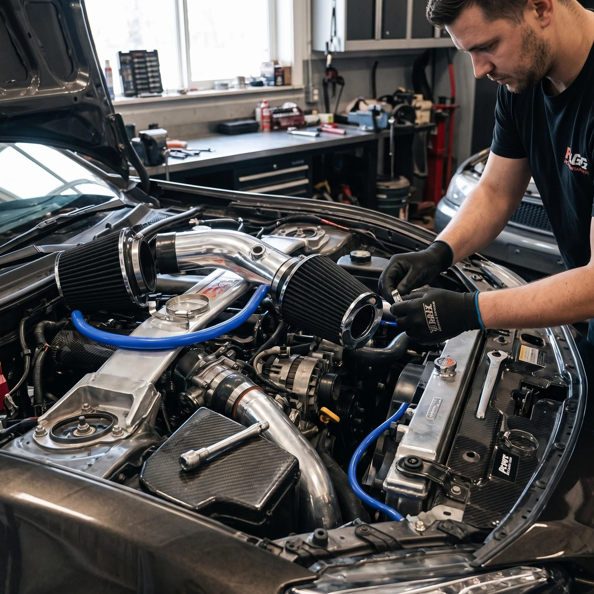 Auto Sport Filtr powietrza, 76 mm 3-calowy uniwersalny zestaw filtra wlotu powietrza chłodzącego, uniwersalny system wlotu powietrza z włókna węglowego z wężem (wzór węglowy)
