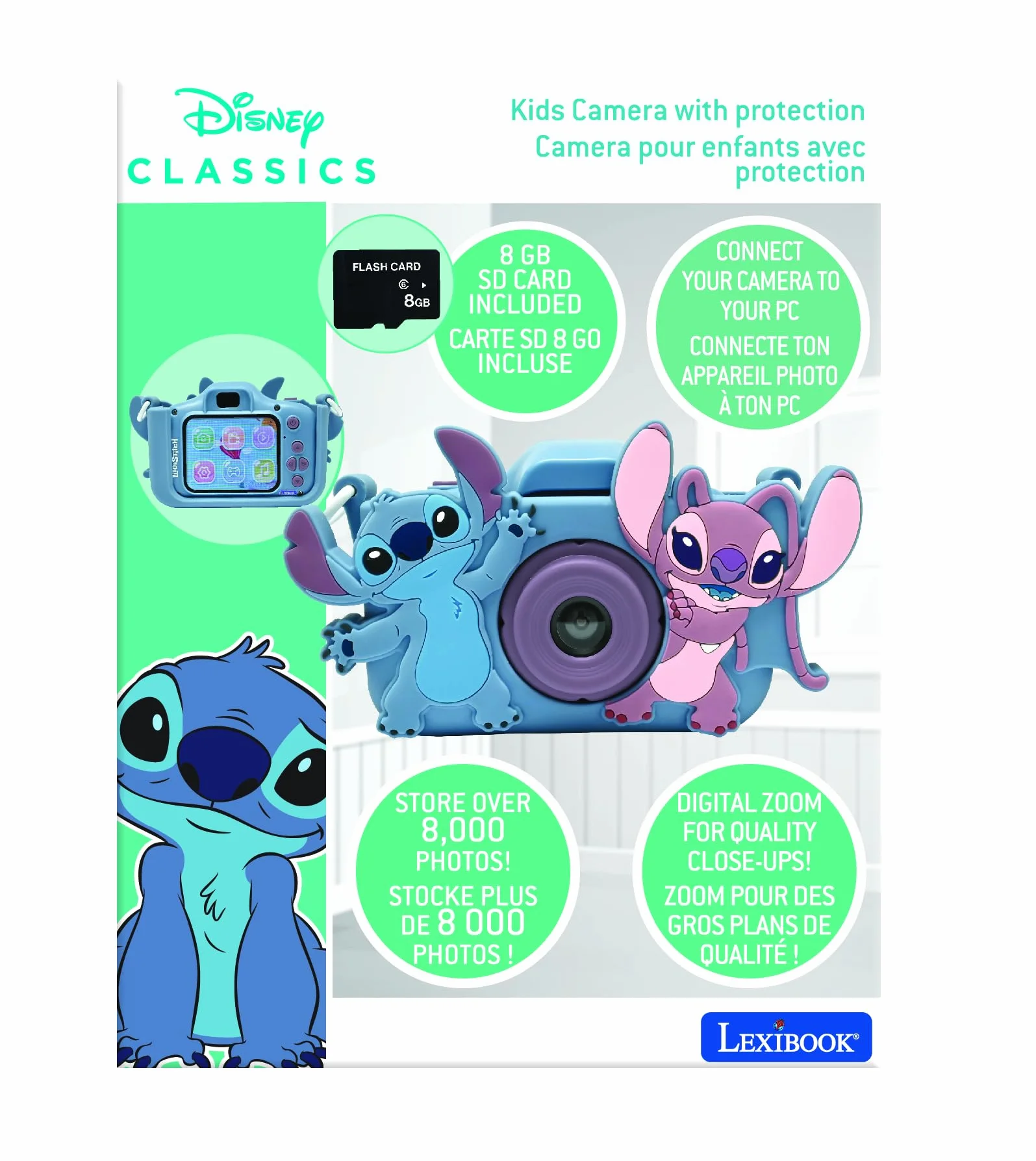 Lexibook, Disney Stitch, 4-W-1 Aparat dla Dzieci z Ochroną, Funkcje Zdjęć, Wideo, Mp3 i Gier, 15 Ramki do Personalizacji Twoich Zdjęć, Karta Pamięci 8 GB w Zestawie, DJ078D