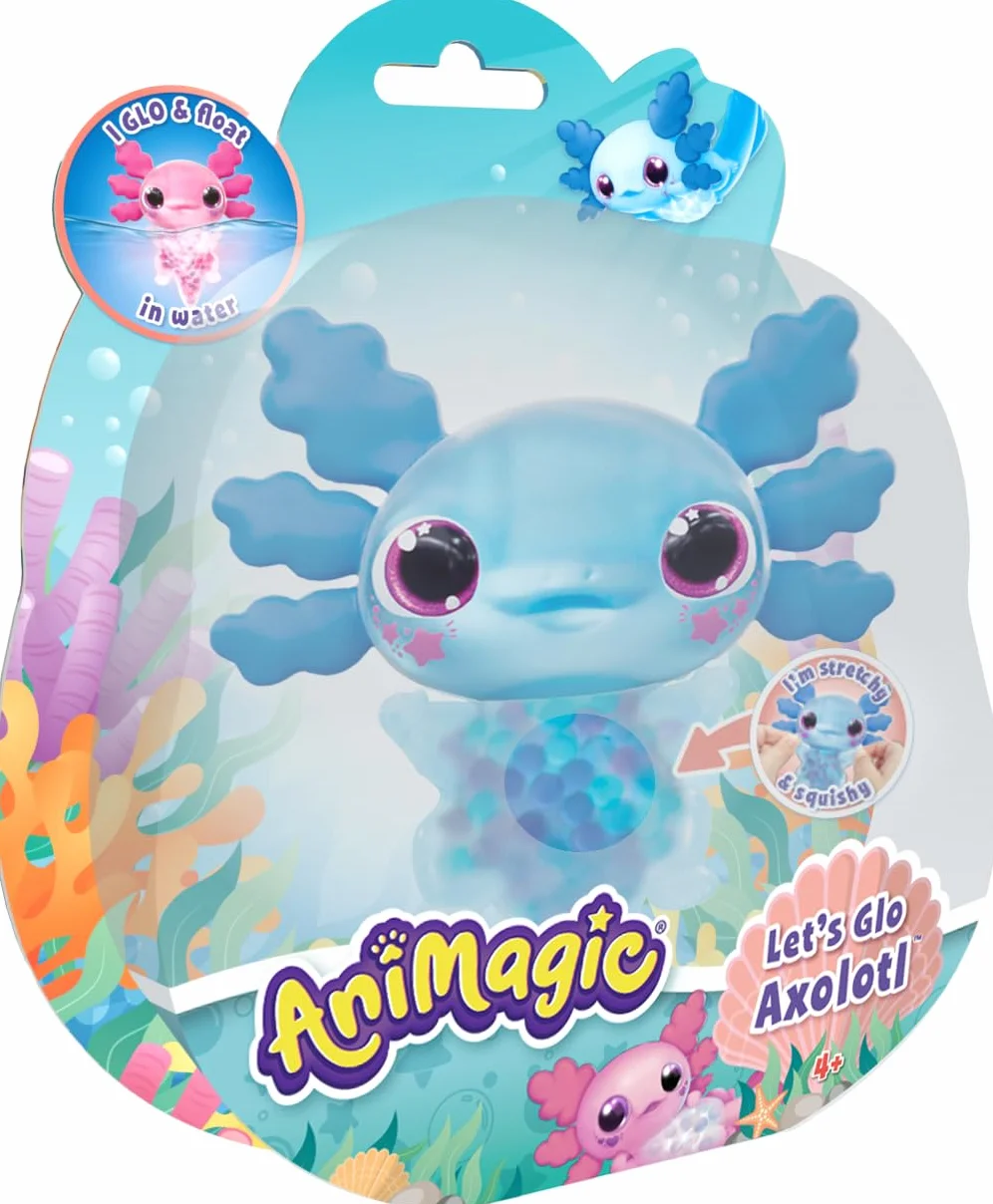 ANIMAGIC - Let's Glo Axolotl - Elektroniczny i świetlny zwierzak domowy - Niebieski - Dla dzieci od 4 lat - Gra sensoryczna i wrażenia dotykowe - Rozciągliwy korpus - Pływa i świeci w wodzie