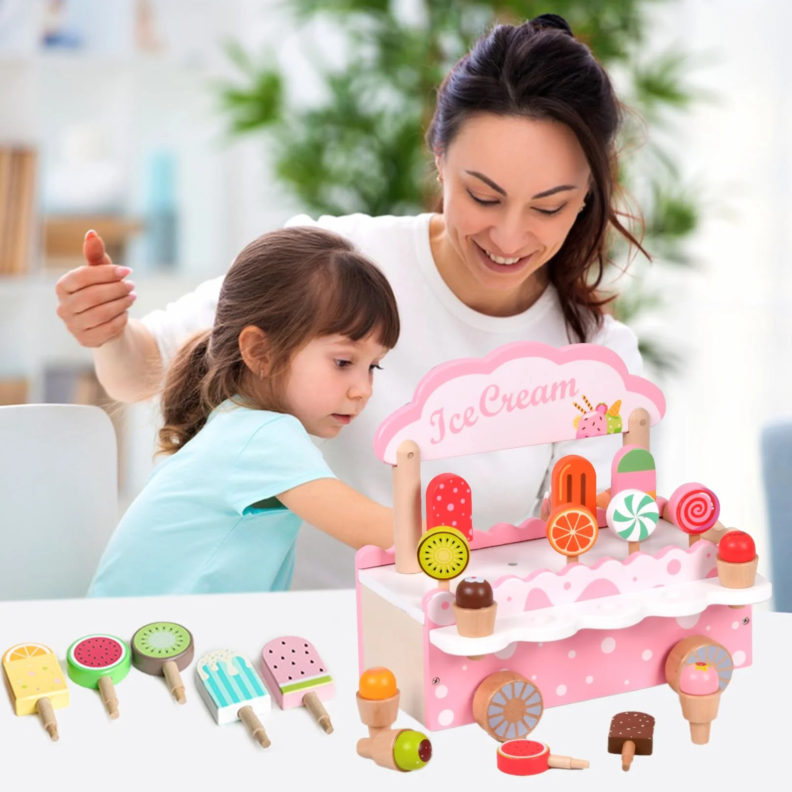 Drewniane Lodziarnie Dla Dzieci Akcesoria Kuchenne Odgrywanie Do Zabawy z Miejscem Do Przechowywania Drewniane Dla Dzieci Od 3 Lat Zabawki Edukacyjne świąteczne Prezenty Urodzinowe (Różowy)