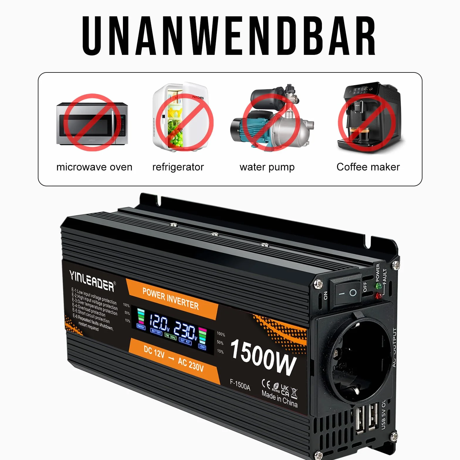 Yinleader Przetwornica napięcia 1500 W, 12 V, 220 V, konwerter 12 V, 230 V, LCD, 2USB, transformator napięcia 12 V, 220 V