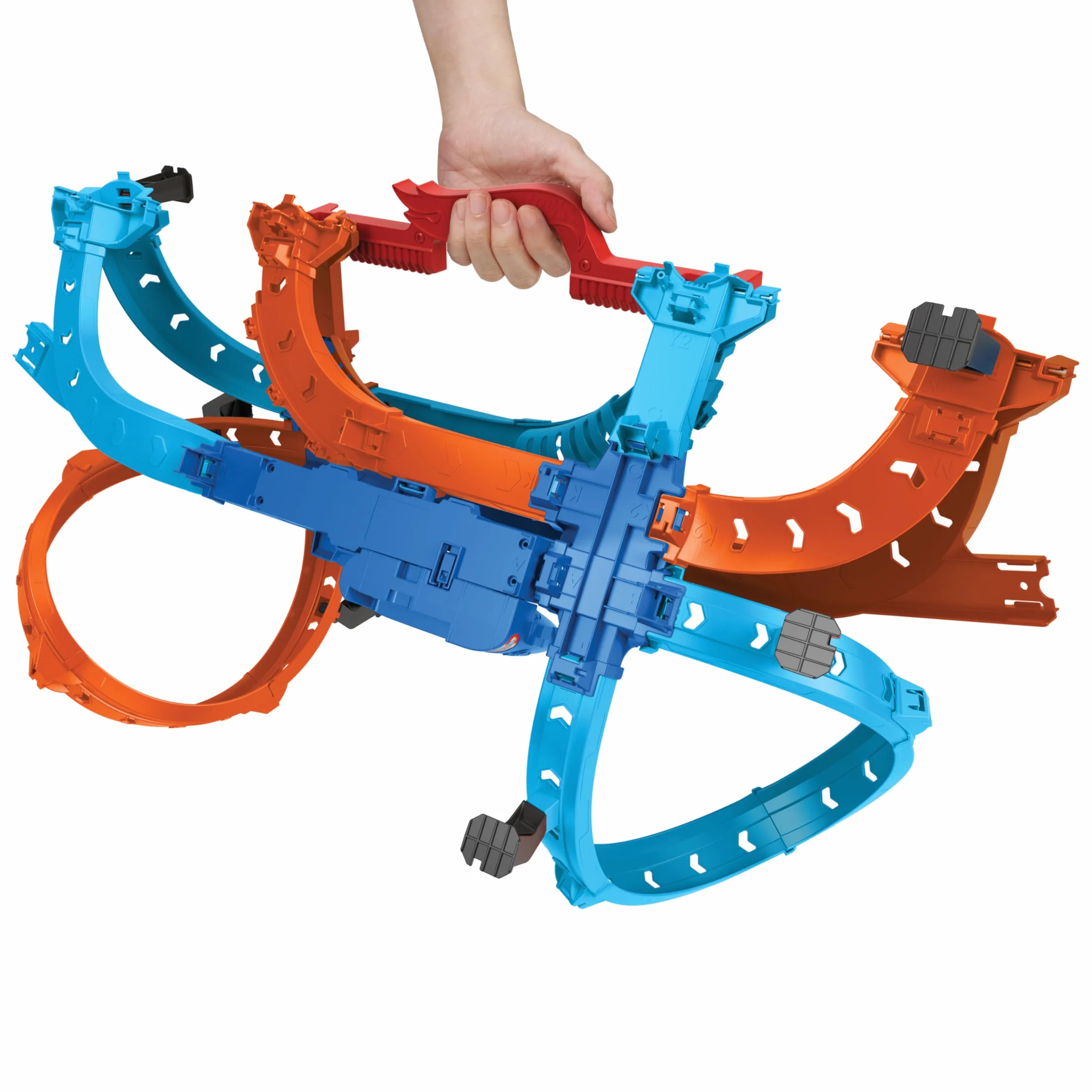 Hot Wheels Ultra Hots Pojedynek z turboprzyspieszeniem Zestaw do zabawy + 2 samochody w skali 1:64, tory wyścigowe i popisy kaskaderskie z 2 wyrzutniami, HXR71