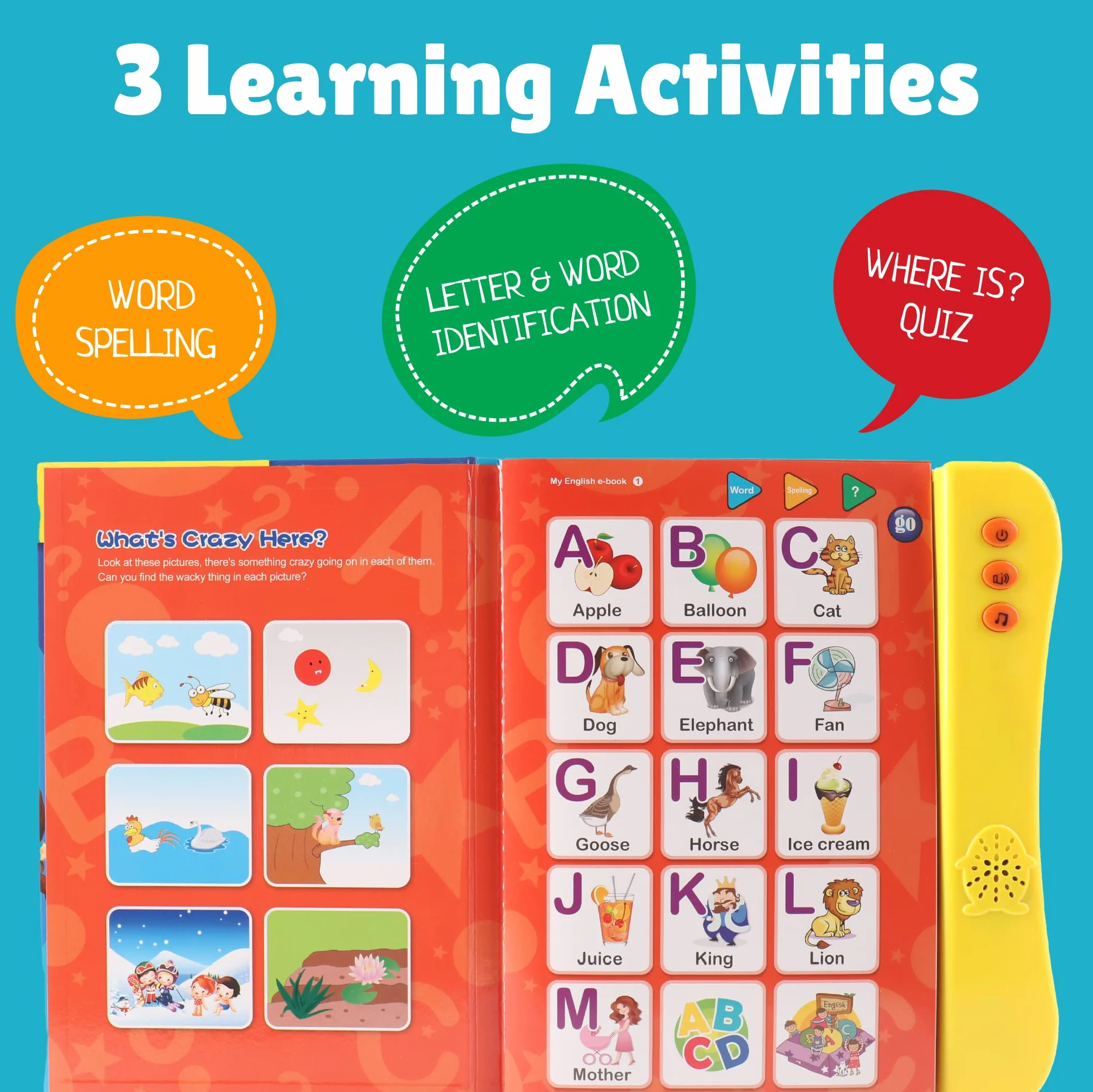 Boxiki kids ABC książka dźwiękowa dla dzieci/angielskich liter i słów, zabawna zabawka edukacyjna do nauki liter, słów, cyfr, kształtów, kolorów i zwierząt dla małych dzieci