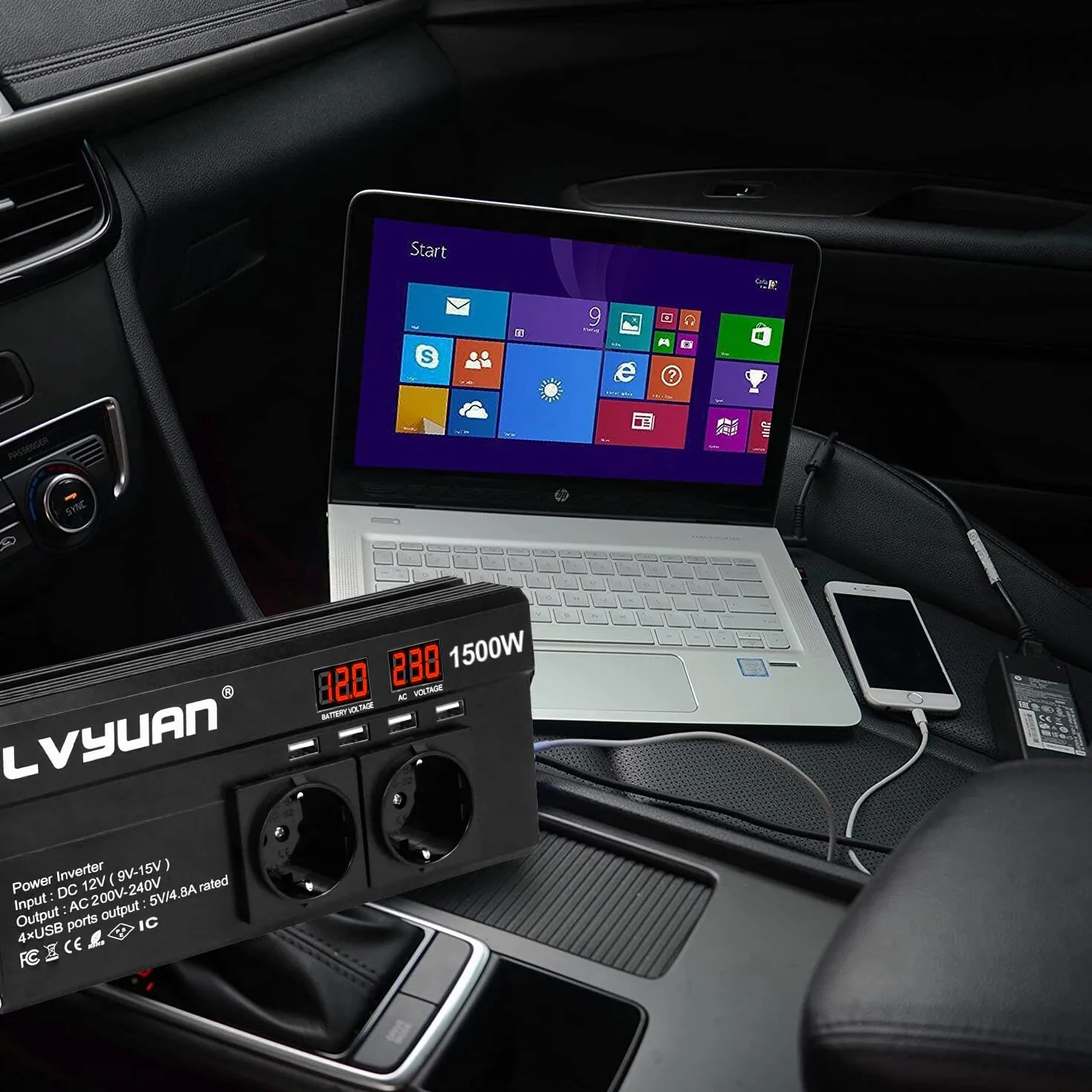 Yinleader Power Inverter 12V 230V 1500W Falownik z 4 USB i 2 Gniazdami