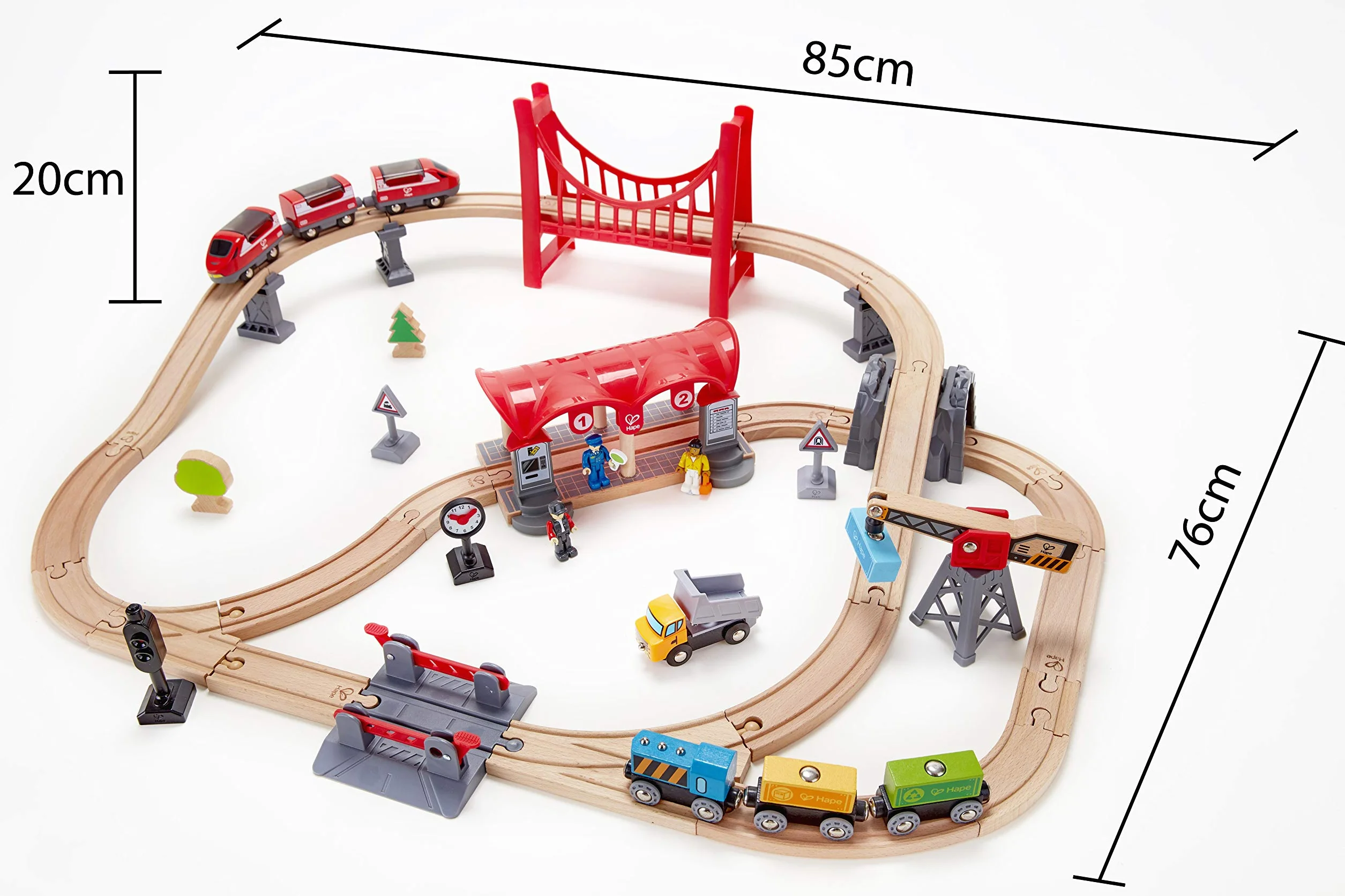 Hape Busy City Train Rail Set, Complete City-Themed Wooden Rail Toy Set for Toddlers with Passenger Train, Freight Train, Station, Play Figurines and More