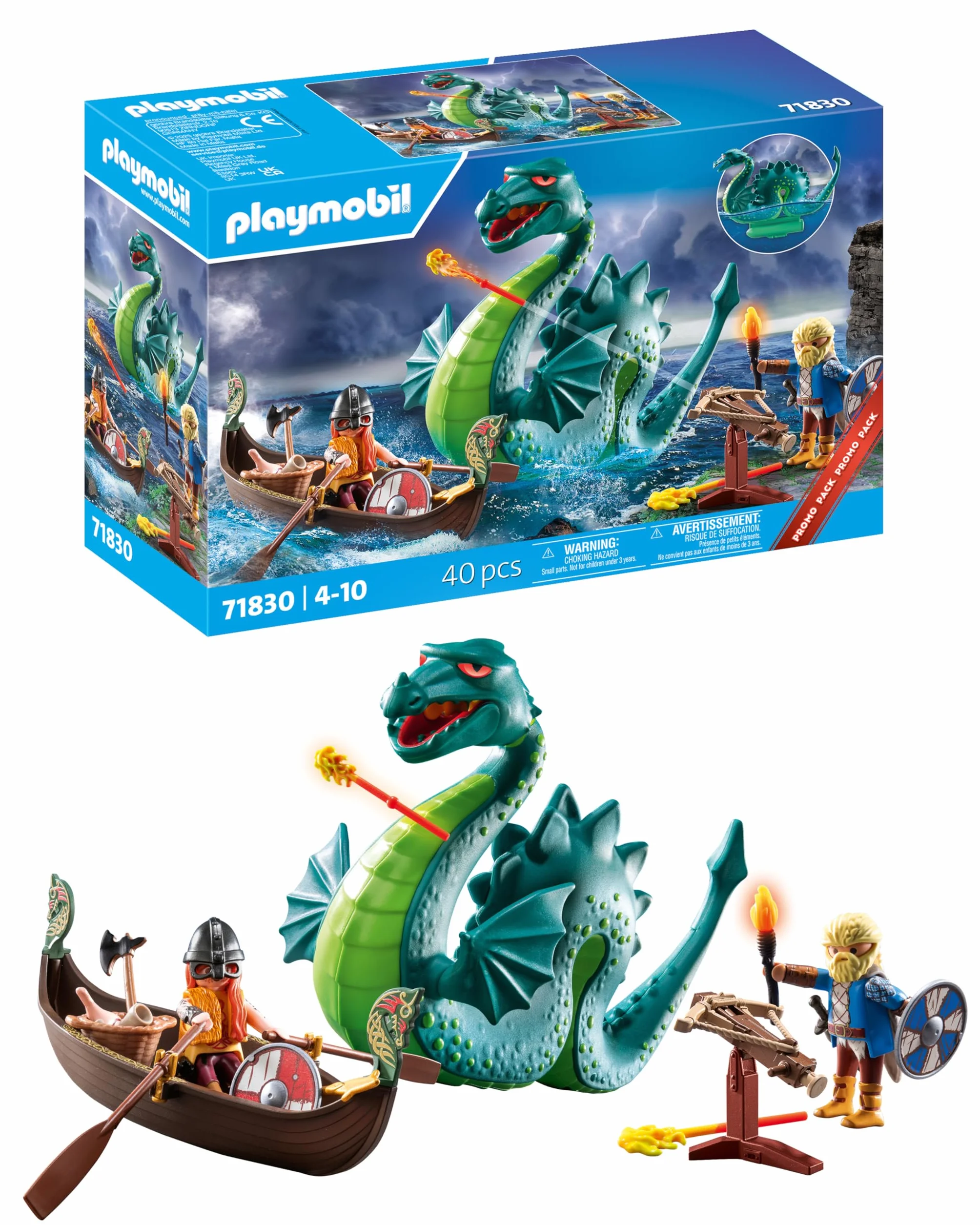 PLAYMOBIL | Wiking z Potworem Morskim | Edukacyjna zabawka dla dzieci 4+ | Kreatywny zestaw do zabawy | Figurka Smoka & Statek Wikingów | Pobudza wyobraźnię | 71830