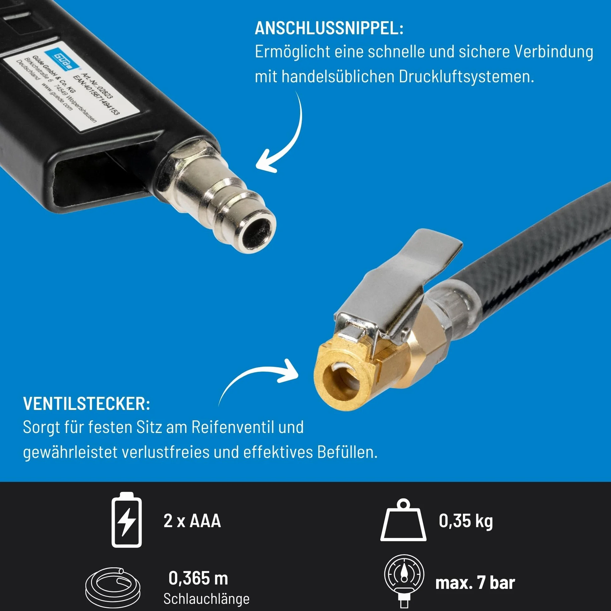 Güde Cyfrowa sprężarka do opon 11 E (ciśnienie robocze maks. 7 bar, 4-cyfrowy wyświetlacz w barach, psi, kPa, kgf/cm², automatyczne wyłączanie, złączka przyłączeniowa, zawór spustowy powietrza