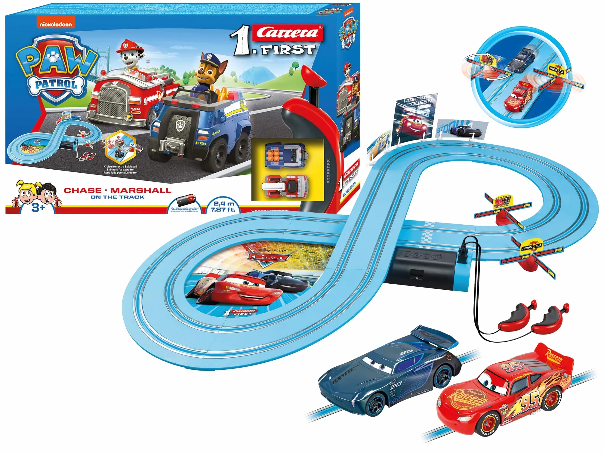 Carrera 20063038 Carrera First Disney Pixar Auta - mocne starcie tor wyścigowy 2,4 m 2 zdalnie sterowane samochody z Zygzakiem McQueenem oraz Jacksonem Sztormem prezenty na Wielkanoc