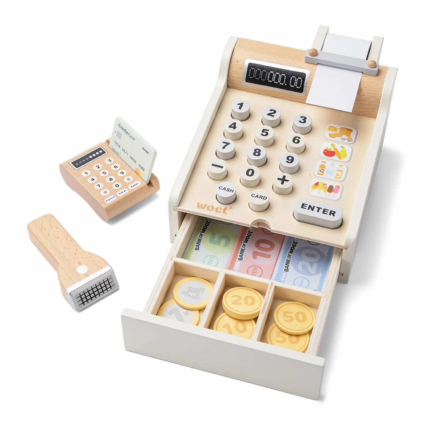 New Classic Toys 10651 kasa fiskalna, w zestawie pieniądze do gry, skaner i karta bankowa, akcesoria do sklepu, z drewna, biała