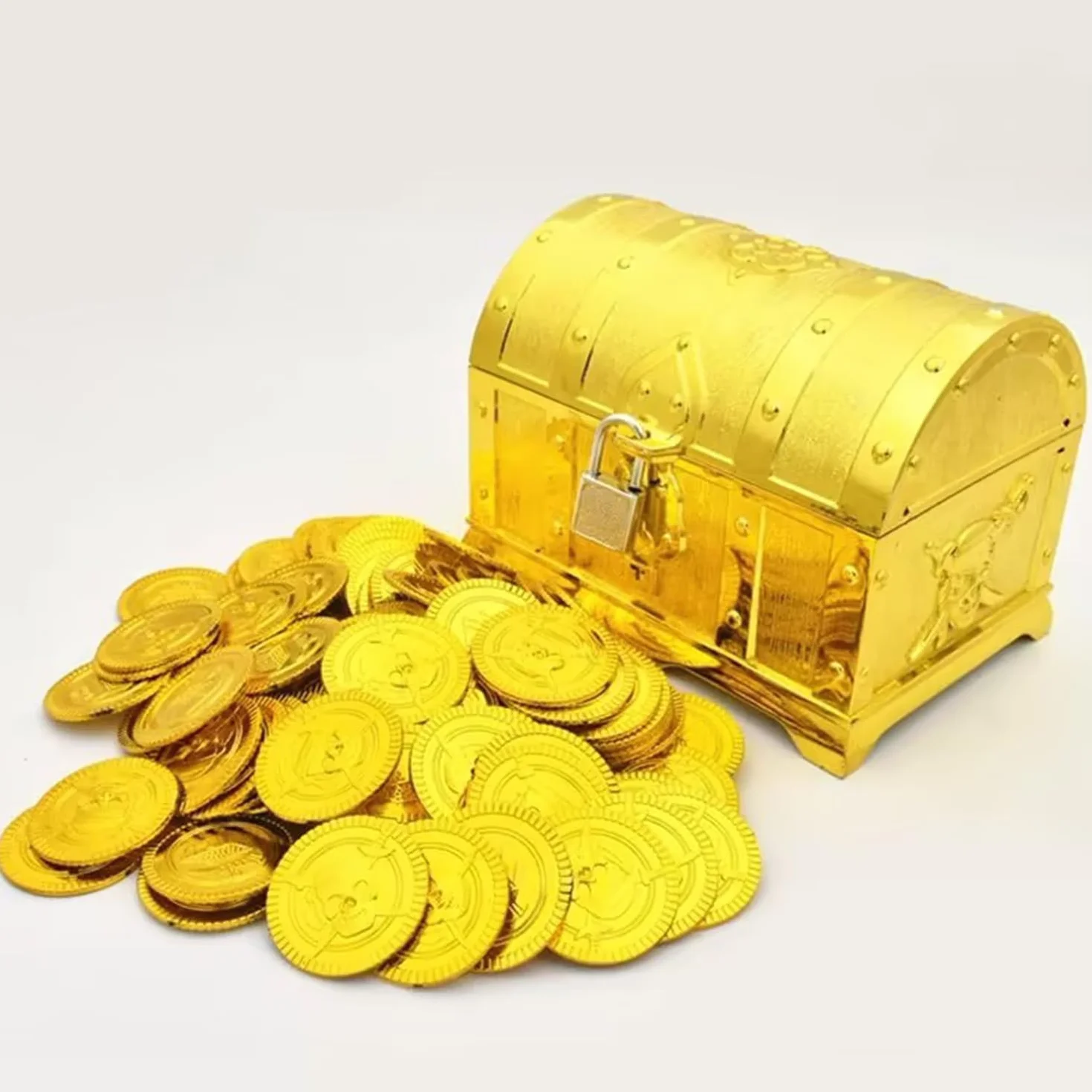 Piracki skarb złotych monet, piratów, złote monety, pieniądze do zabawy, na urodziny dziecka, złote monety, zabawka upominek z okazji urodzin dziecka (50)