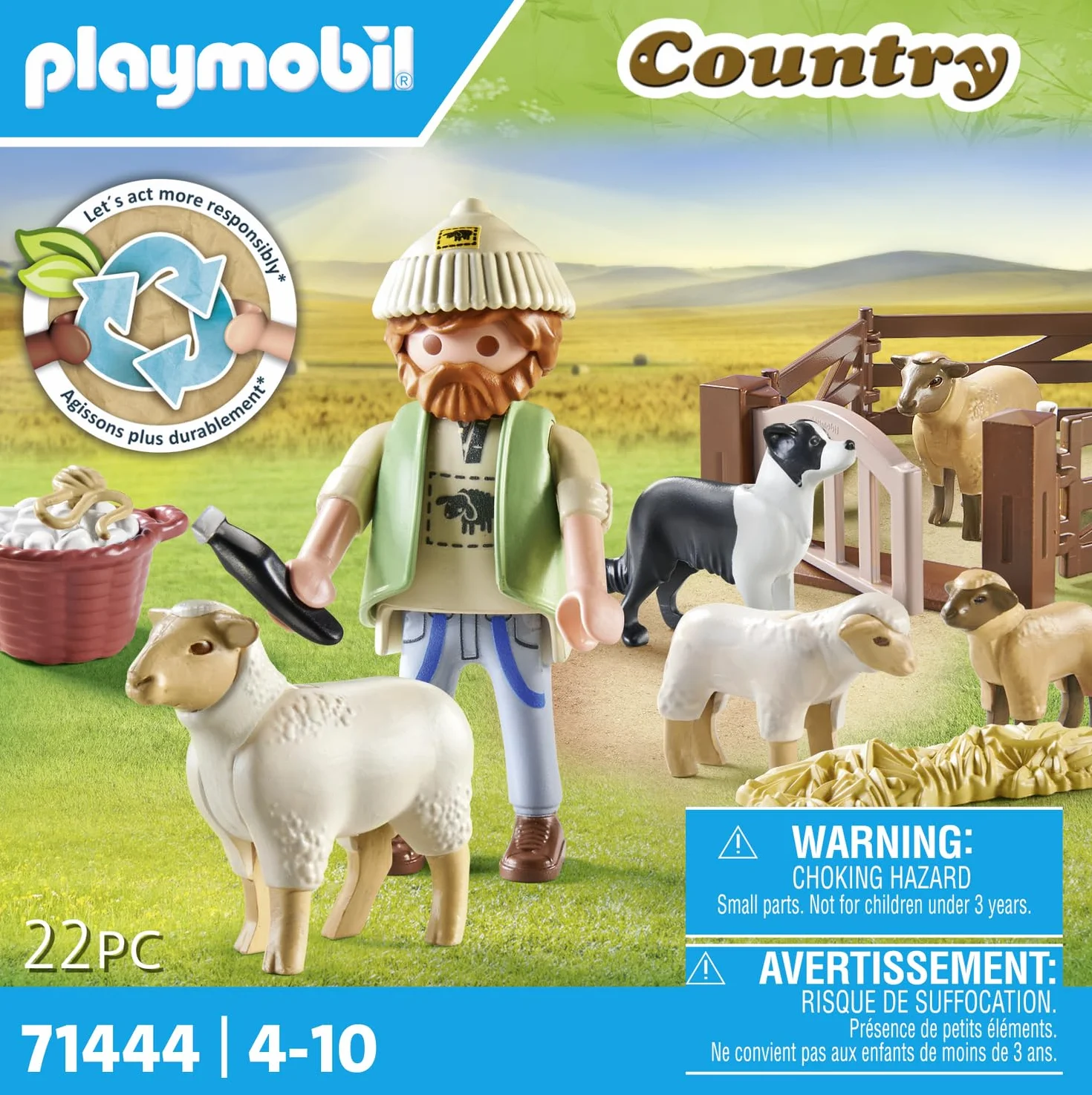 PLAYMOBIL Country 71444 Młody owczarz z owcami, border collie, maszynką do strzyżenia owiec i słomą. Zabawne i pomysłowe odgrywanie ról, zabawki dla dzieci w wieku od 4 roku życia