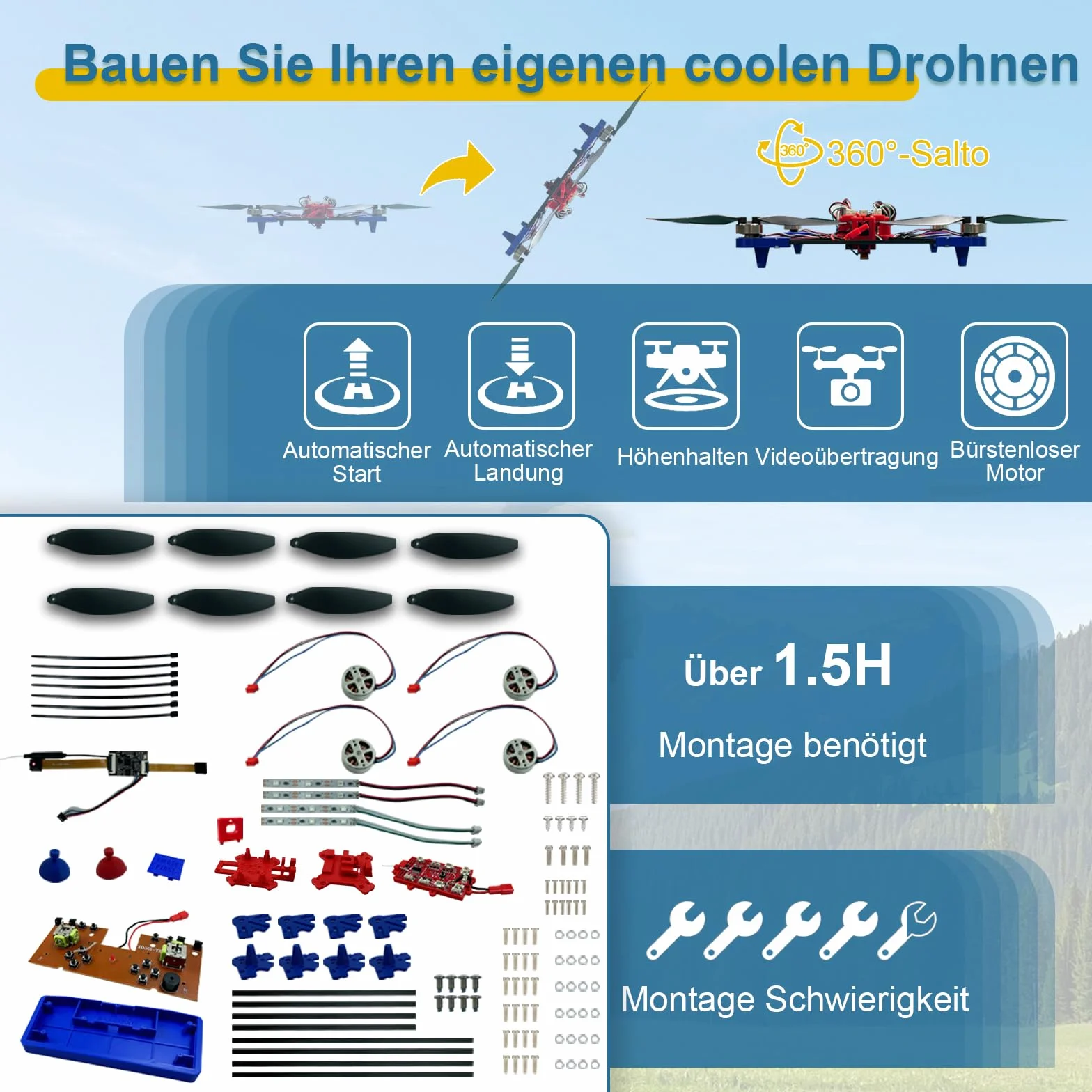 Zestaw do złożenia dronu Quadrotor DIY Unikalny projekt STEM z bezszczotkowym silnikiem, optycznym zawieszeniem, jednoklikowym startem i lądowaniem oraz obrotem 360° dla entuzjastów DIY, aby zapoznać