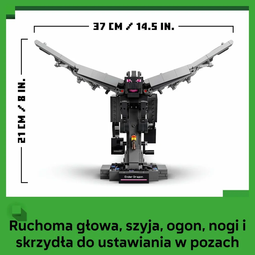 LEGO Minecraft Smok Kresu, zabawka konstrukcyjna dla dziecka, zestaw z gry, ruchoma figurka ze skrzydłami, gamingowy prezent dla chłopca lub dziewczynki od 10 lat 21595