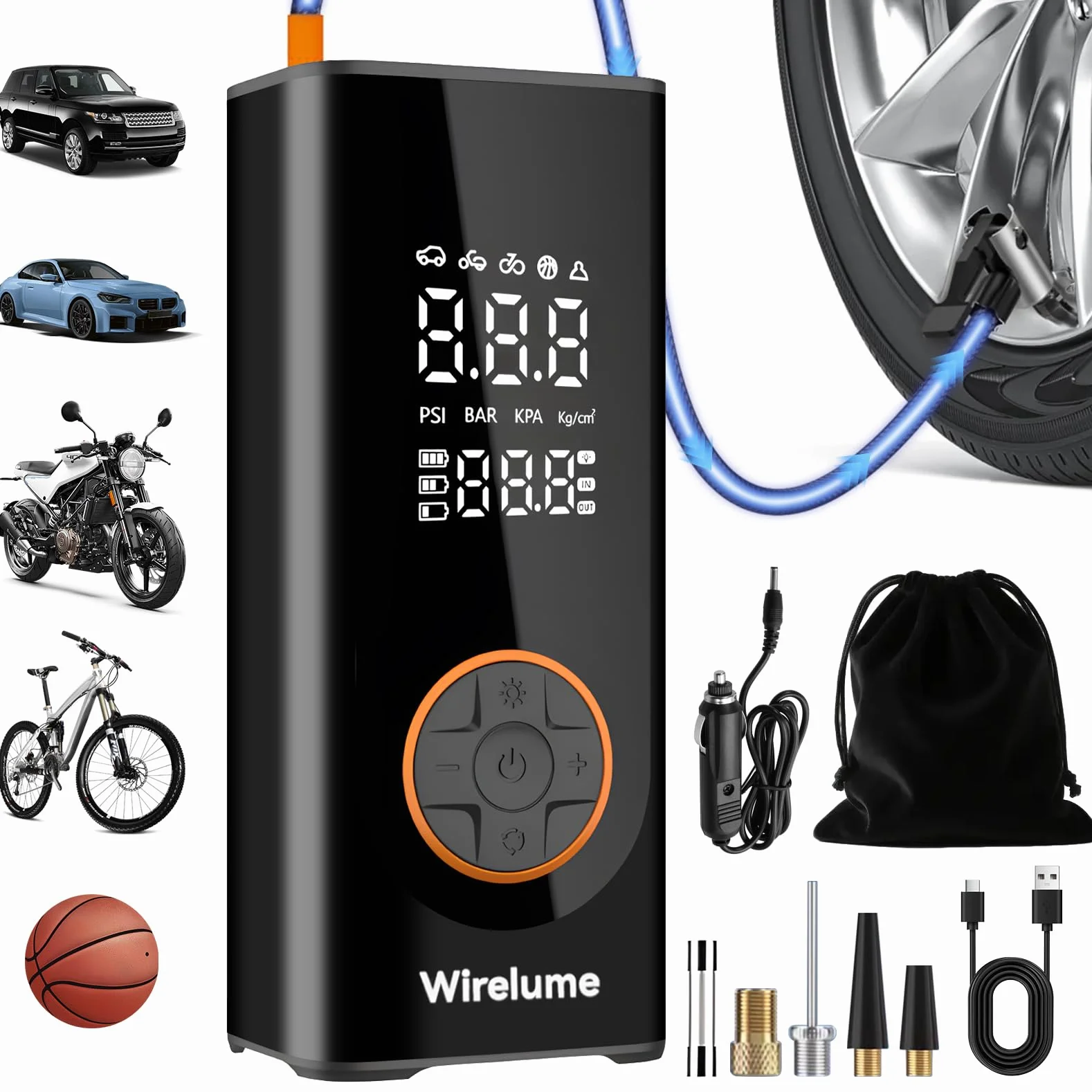 Bezprzewodowa pompka do opon przenośna sprężarka powietrza cyfrowa samochodowych elektryczna Pompa 6000mAh z Podwójnym Wyświetlaczem Preset Pressure AutoStop DC 12 V 150 PSI rowerów/Rower/Motocyk