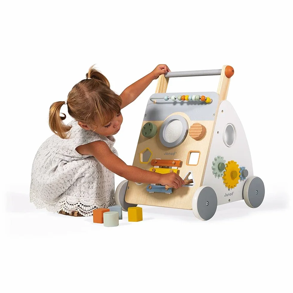 Janod - Sweet Cocoon Multi-Activity Cart - Wooden Push-In Walking Trolley - 9 Activities - Quiet Wheels, Water Based Paint - from 1 Year Old, J04410