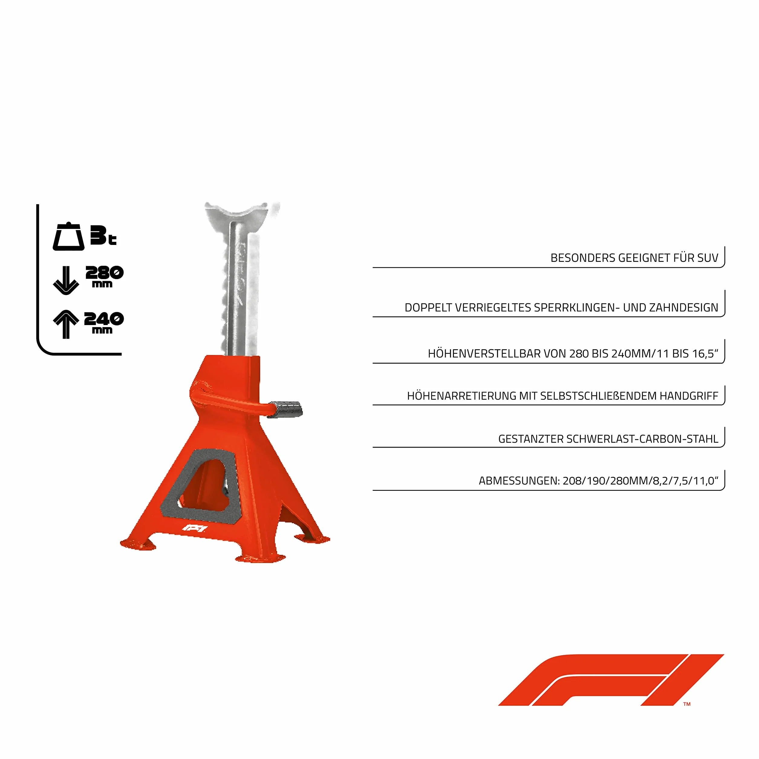 Formula 1 Stojak warsztatowy, nośność 3 ton, regulacja wysokości od 280 mm do 420 mm, z mechanizmem zapadkowym i bolcami zabezpieczającymi
