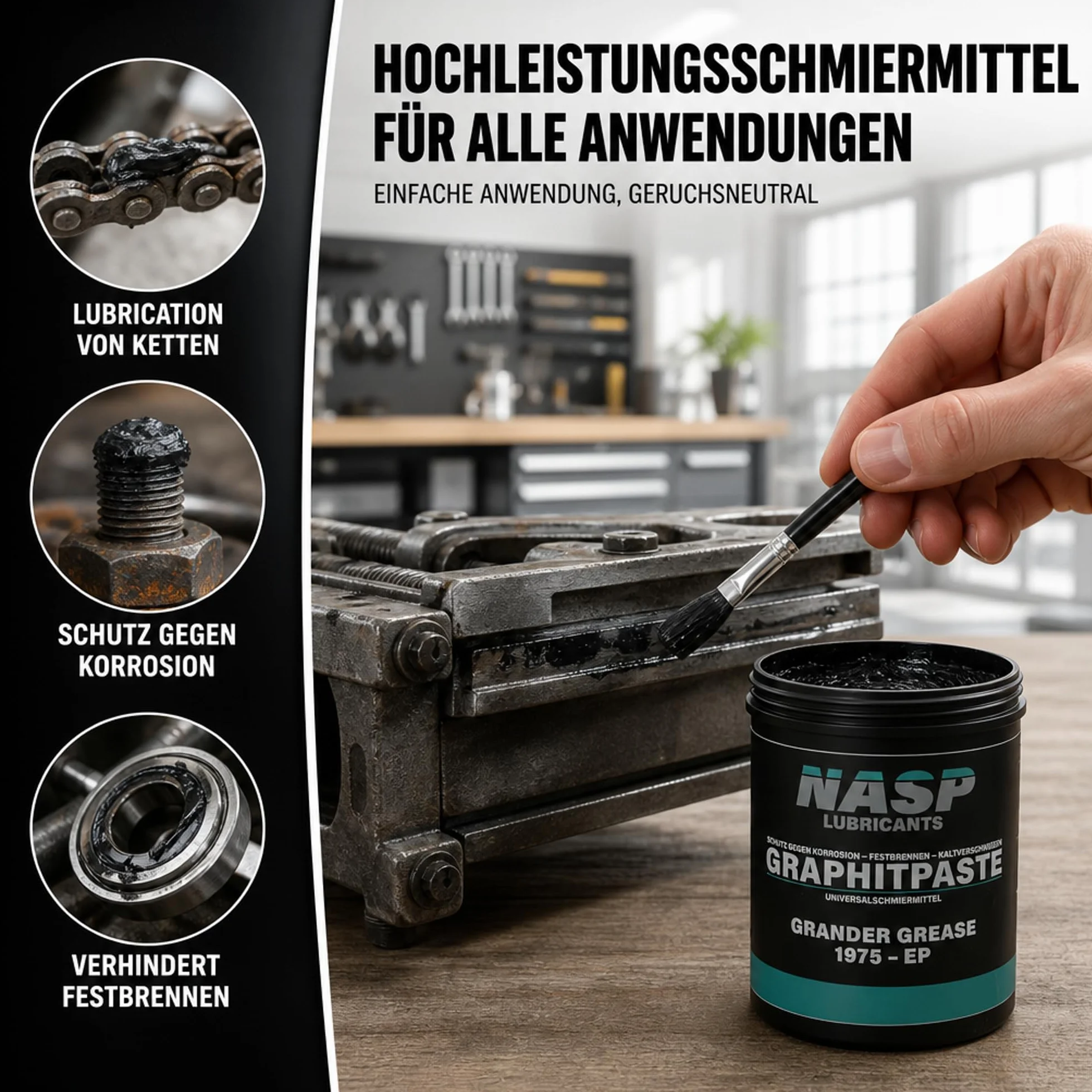 NASP® Grafit pasta do montażu z ochroną antykorozyjną, uniwersalna pasta Grander Grease 1975 EP – Made in Germany, puszka 1 kg