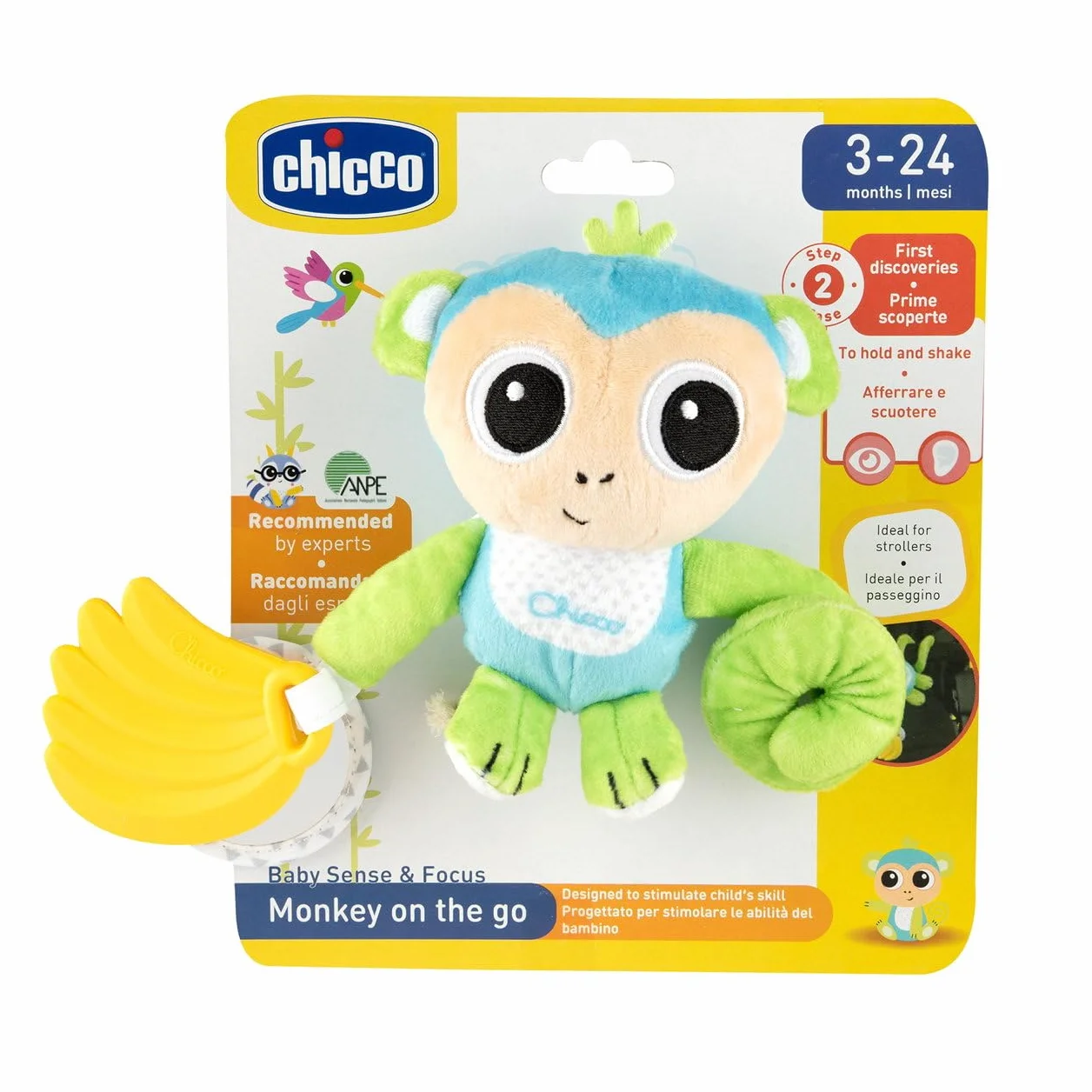 Grzechotka Chicco Małpka, Grzechotka z Miękkim Gryzakiem do Ząbkowania, Lusterko do Lekkich Zabaw, Mocowana do Wózka, Można Prać w Pralce, Zabawki dla dzieci 3-24 miesiące