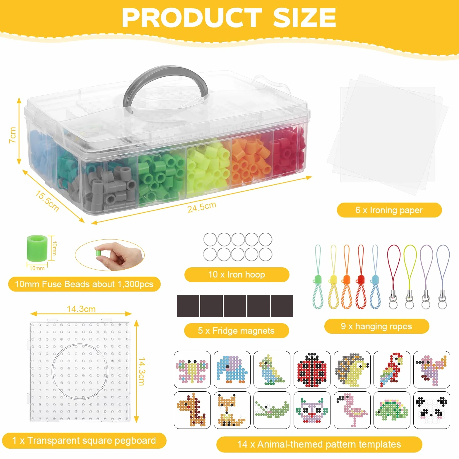 Zocipro Zestaw 1300 szt. koraliki do prasowania, 14 kolorów 10 mm odlewane koraliki z etui, Pegboard, papier do prasowania, małe akcesoria, zestaw do zabawy dla dzieci DIY