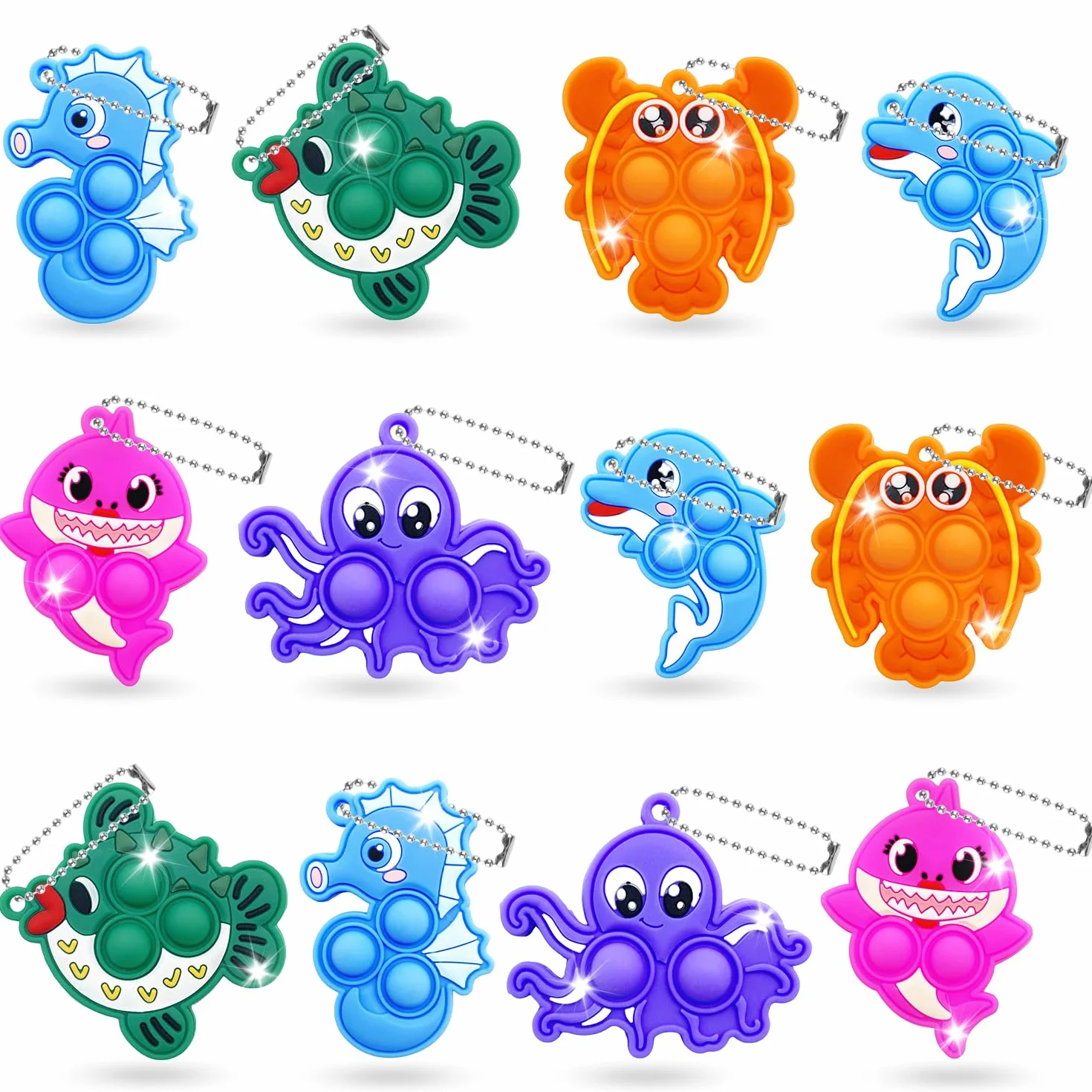 Yeefunjoy 12 sztuk breloczków Pop Keyring It Fidget Toy, breloczki z motywem zwierząt morskich Pop Keychain Bubble Stress Relief dla dzieci, dodatki do torebek z upominkami dla dzieci i dorosłych