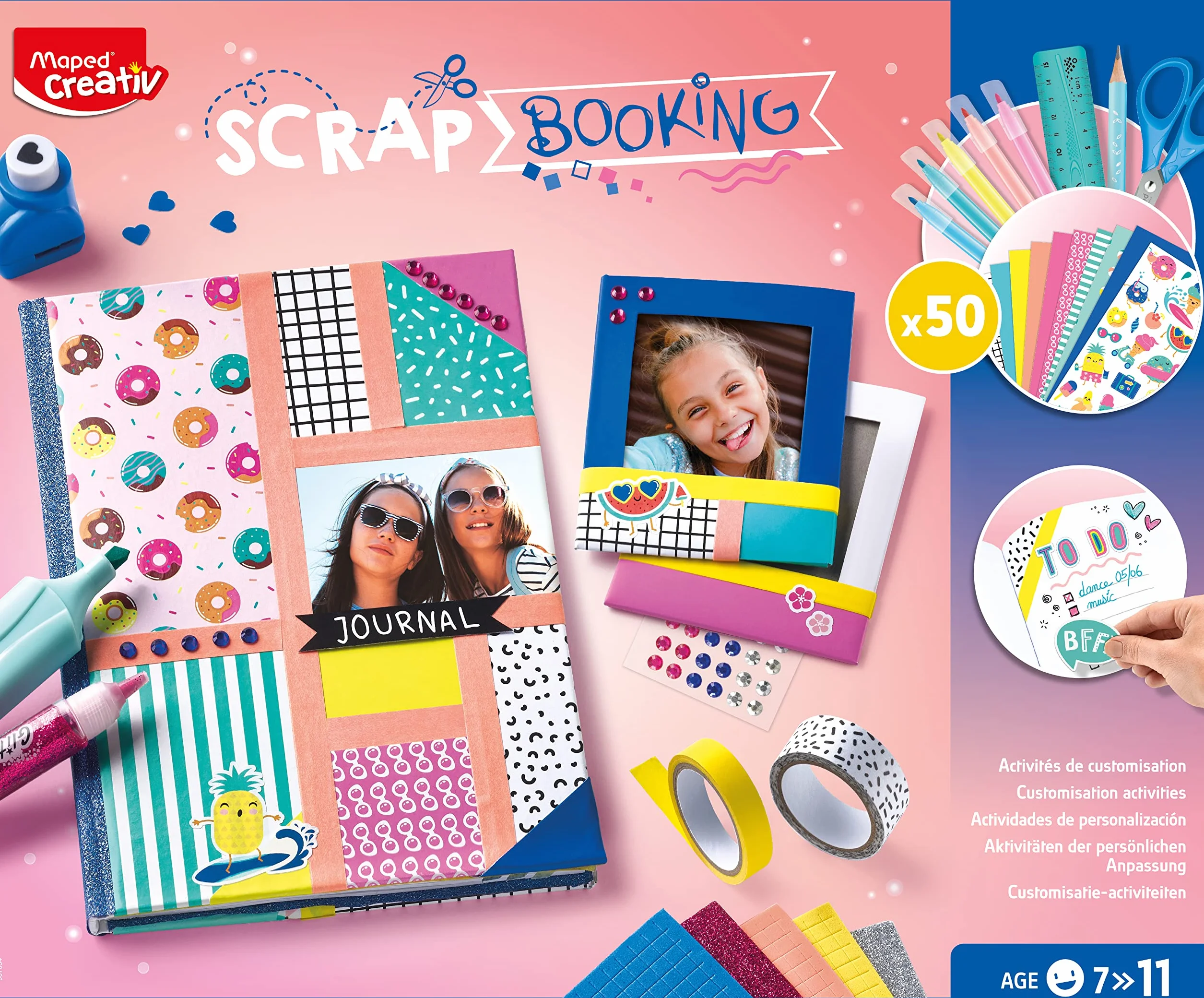Maped Creativ - Scrapbooking - Kompletny zestaw aktywności, z ponad 50 akcesoriami i materiałami Maped, w tym 1 notatnikiem i 2 polaroidowymi ramkami do zdjęć do dekoracji - od 7 lat